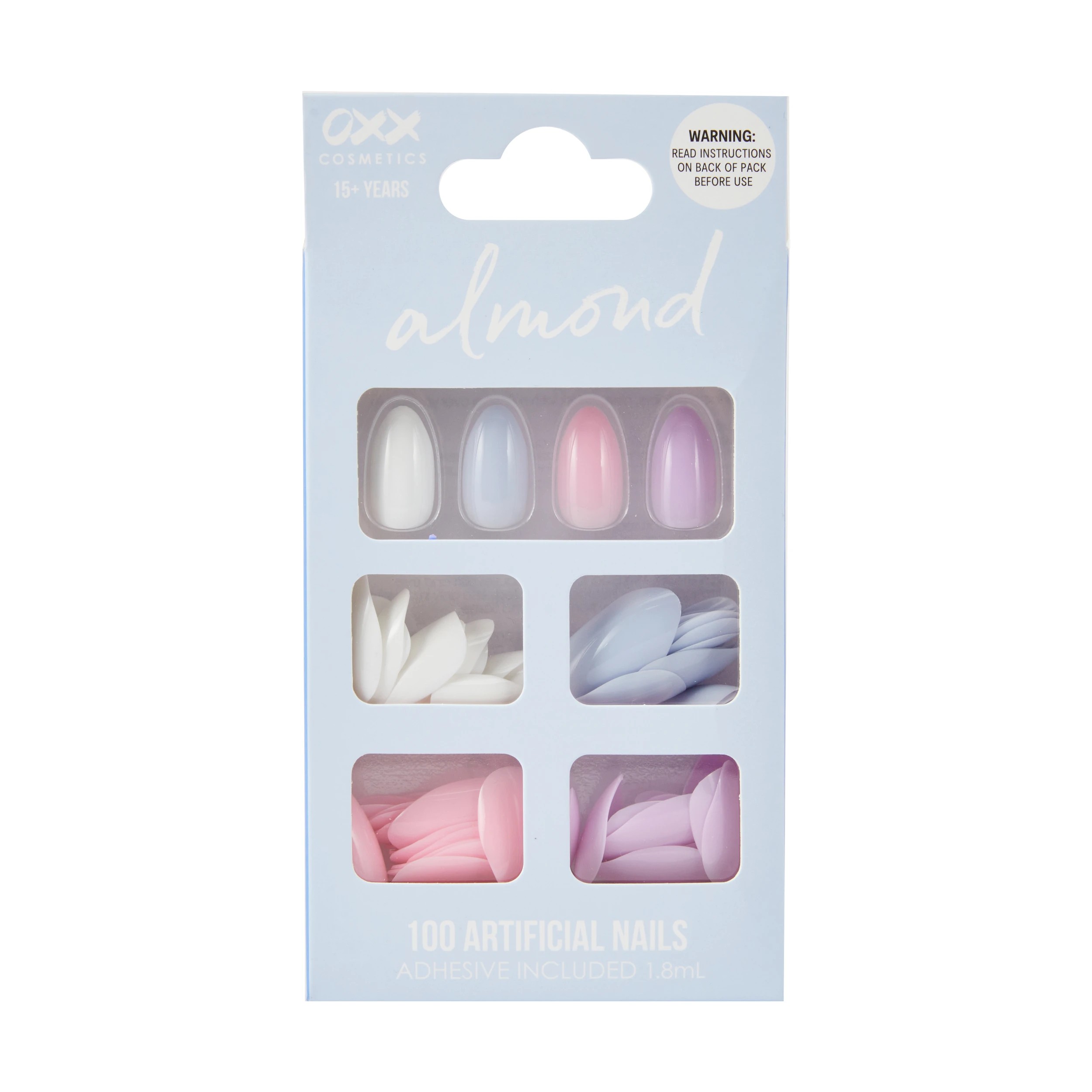 1 OXX Cosmetics 100 Pack Artificial Nails with Adhesive - Almond Shape, 4 Pastels, 1 of 4