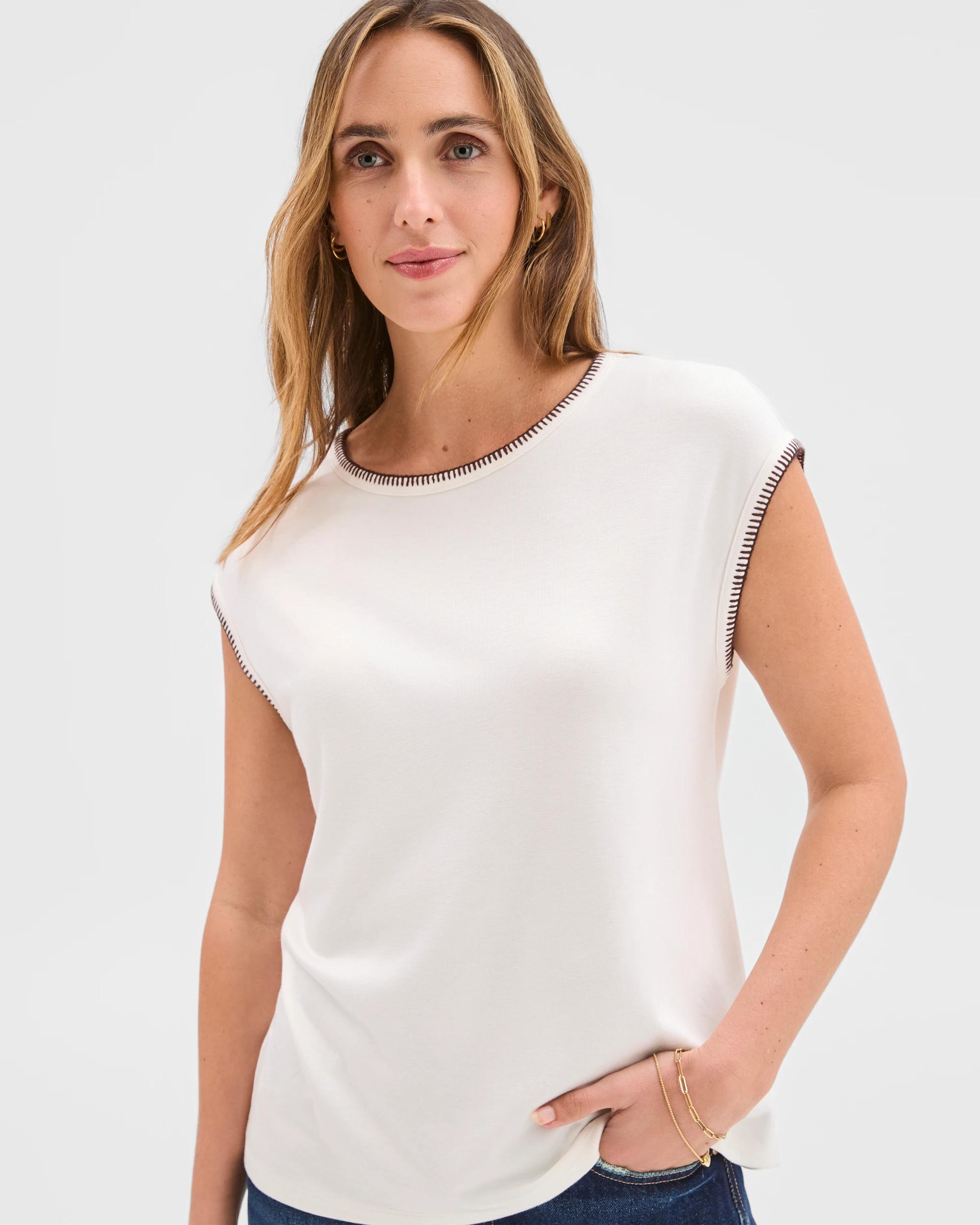 2 Target Woman Short Sleeve Blanket Stitch T-Shirt CLOUD DANCER/ESPRESSO, 2 of 6