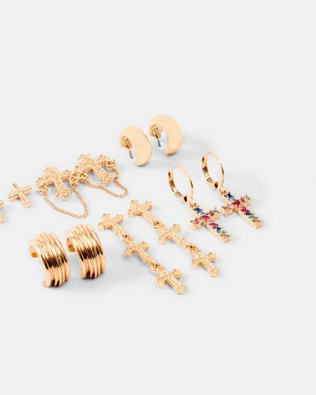 6 Pack Cross Earrings - Gold 