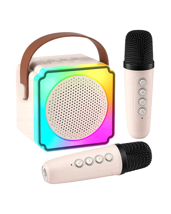 Alpha Mini Portable Karaoke Machine for Adults Kids Bluetooth Speaker with 2 Wireless Microphones - Beige