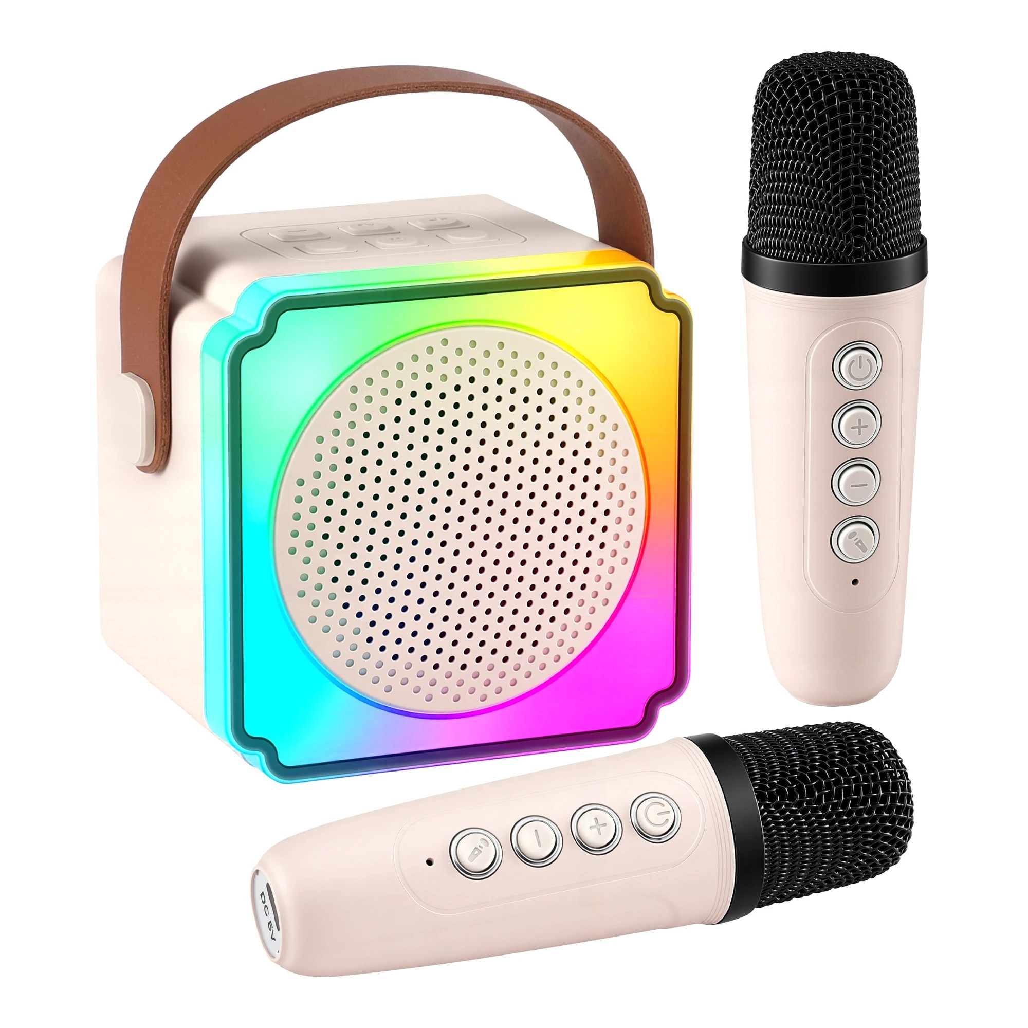 1 Alpha Mini Portable Karaoke Machine for Adults Kids Bluetooth Speaker with 2 Wireless Microphones - Beige, 1 of 9