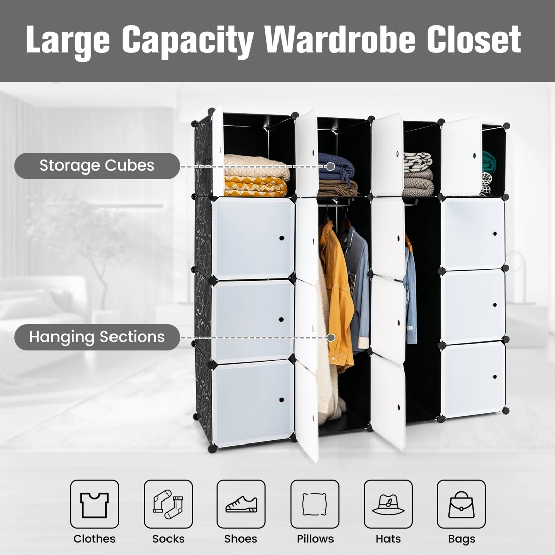 5 Costway 16-Cube Storage Organiser Portable Wardrobe Closet Combination Armoire, 5 of 10