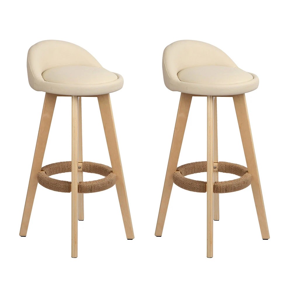 1 Artiss 2x Bar Stools Padded Leather Wooden - Beige, 1 of 8