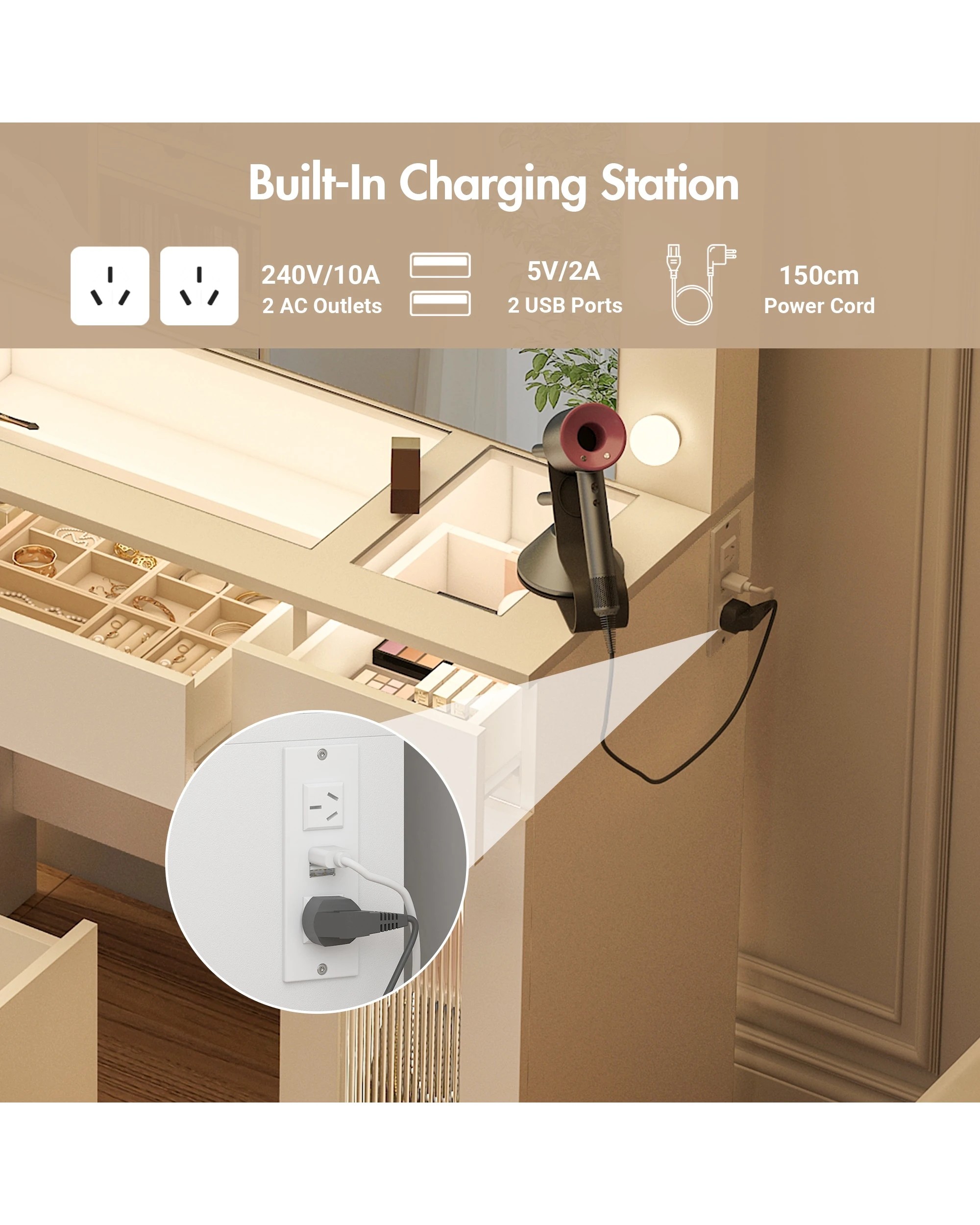 4 Advwin Dressing Table Set with Mirror Glass Top Power Outlet, 4 of 10