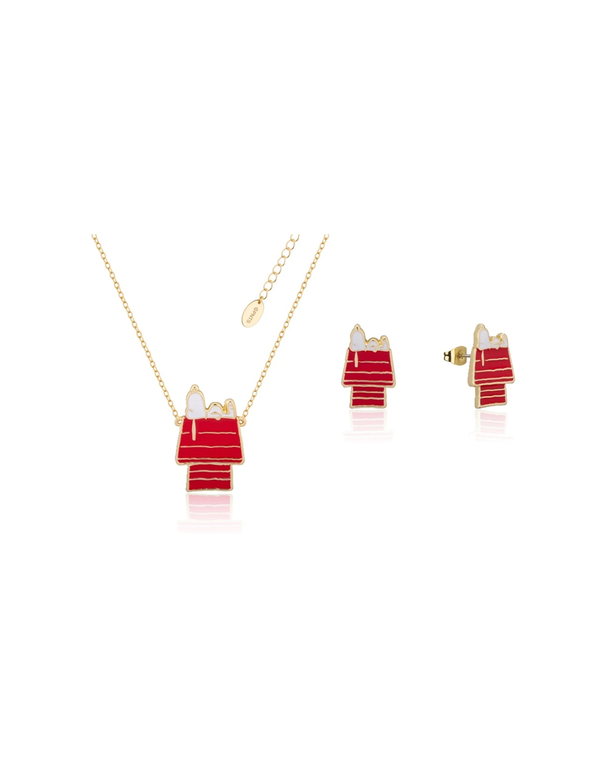 1 Couture Kingdom Peanuts Snoopy Dog House Stud Earrings & Necklace Jewellery - Gold, 1 of 4