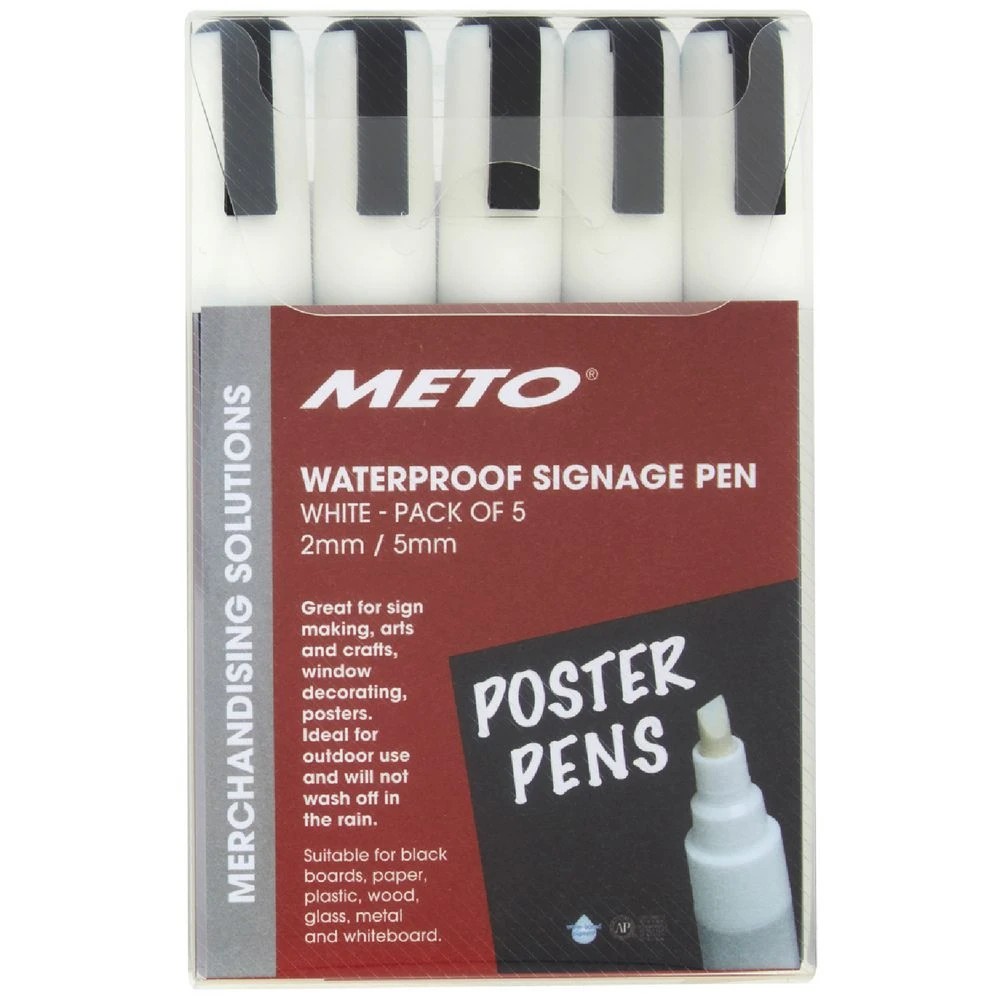 1 Meto Waterproof Sign Writing Pens 2/5mm Tips White 5 Pack, 1 of 2