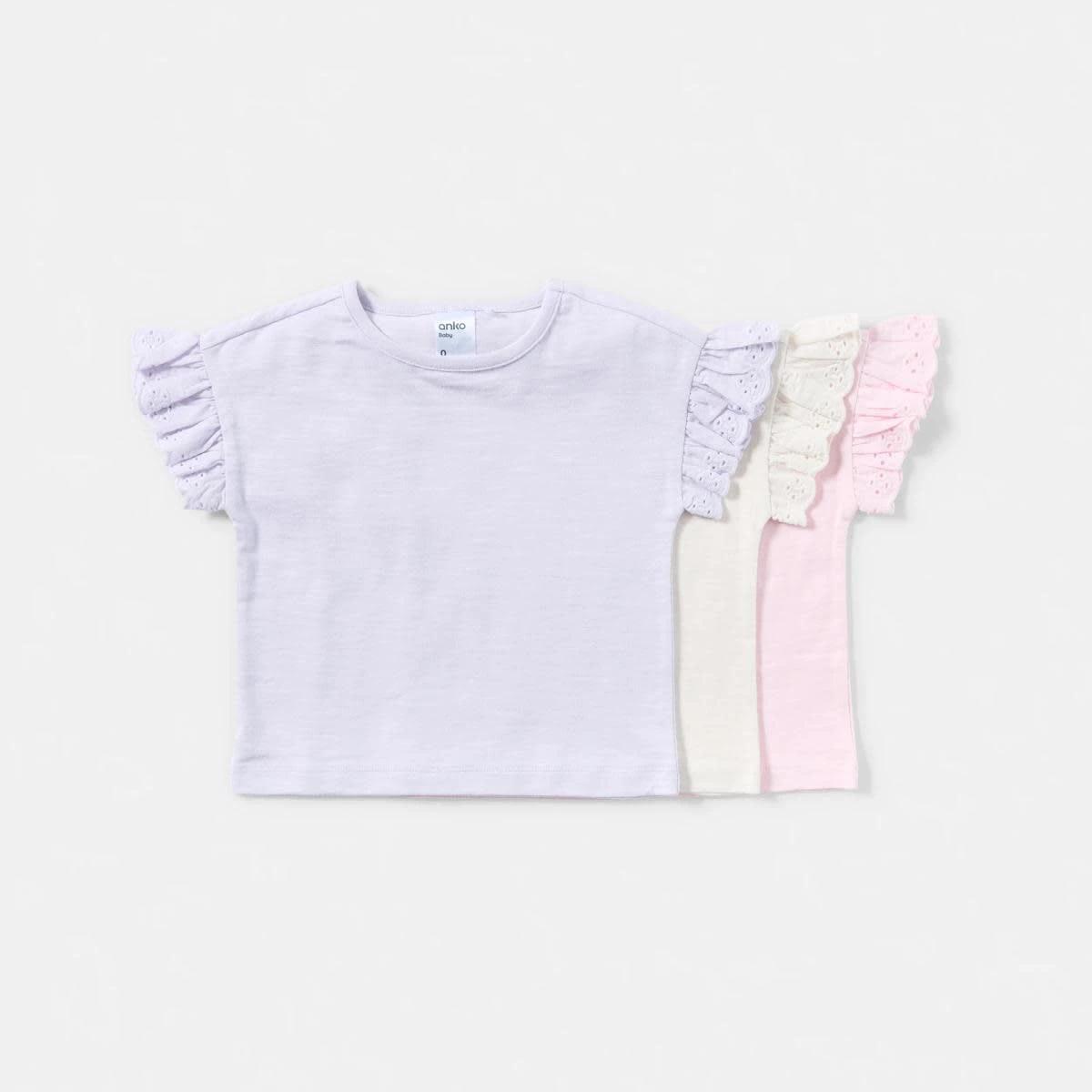 8 3 Pack Broderie Frill T-shirt PINK, BEIGE, PURPLE, 8 of 8