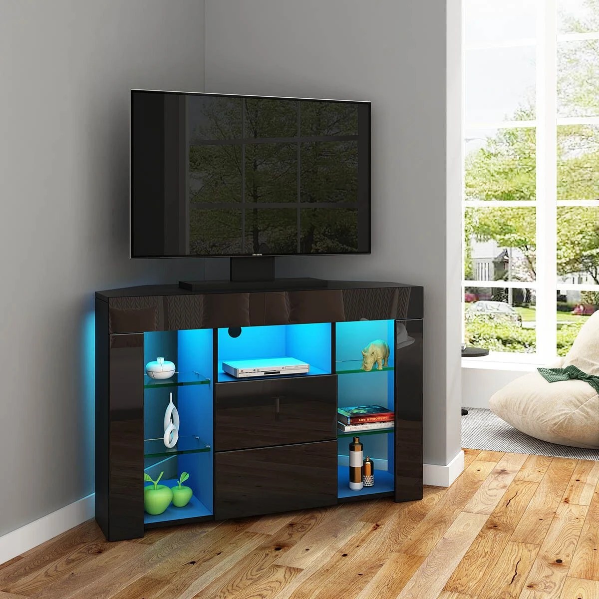 2 Ausway Modern TV Cabinet Storage Unit 2 Drawers High Gloss LED Lighted, 2 of 8