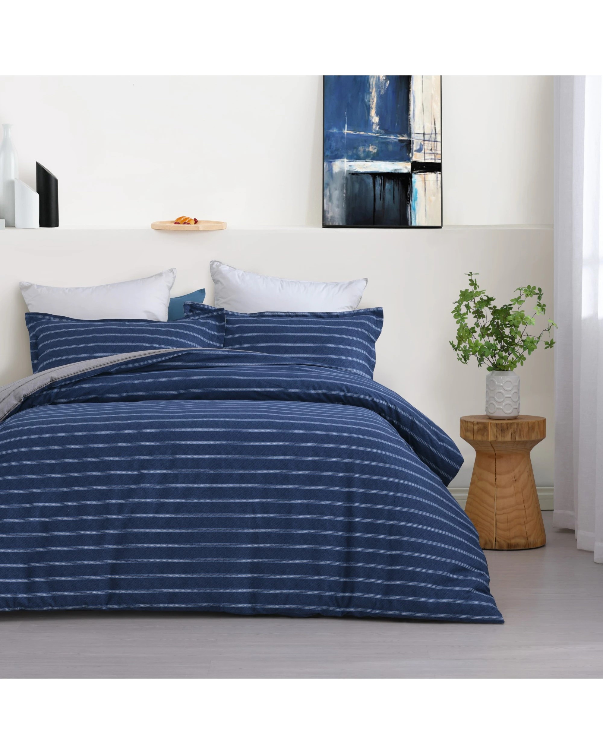1 Dreamaker Amalfi Stripe 100% Cotton Reversible Quilt Cover Set - King Single Bed - Blue, 1 of 6