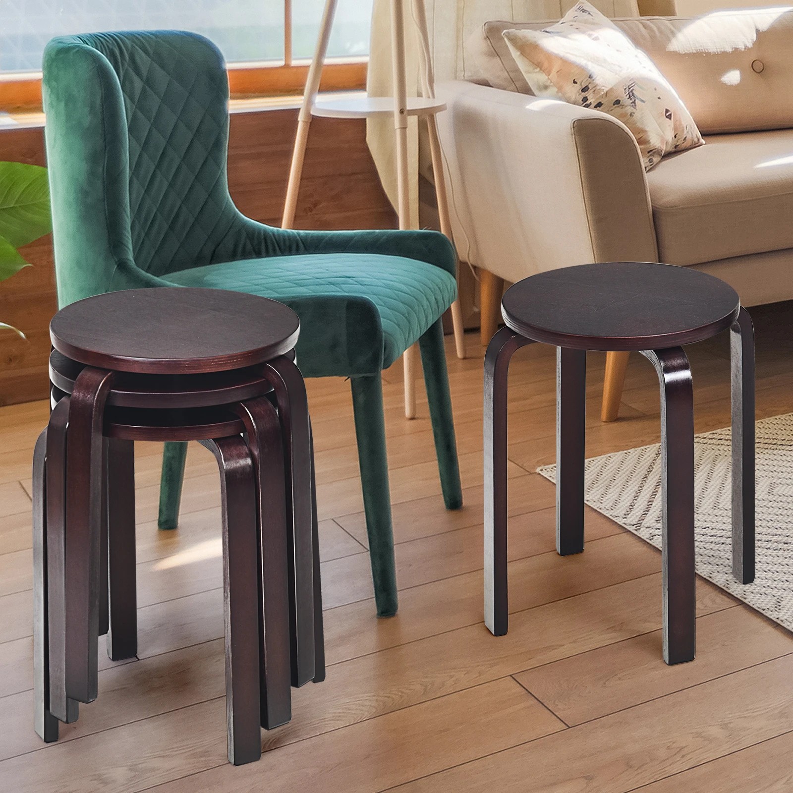 7 Costway 4PCS Wood Stacking Stool Round Dining Chair - Brown, 7 of 7