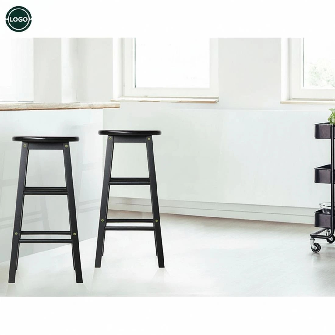 5 Artiss Set of 2 Wooden Bar Stools Round Seat Sturdy Durable Stable Footrest Comfortable Kitchen Counter Chairs - black, 5 of 8