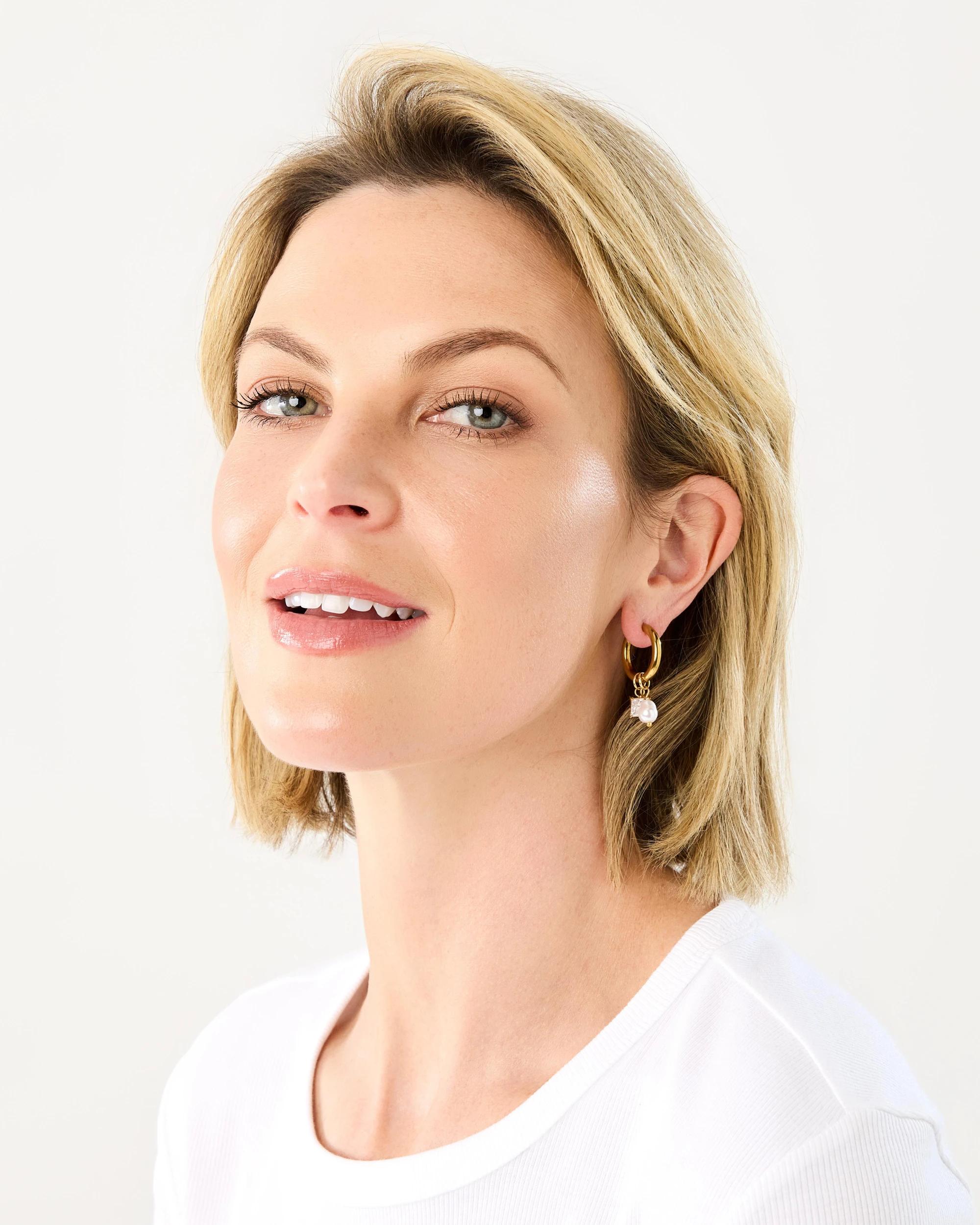 5 Waterproof Stainless Steel Faux Pearl Drop Hoop Earrings - Gold Tone Gold, 5 of 5