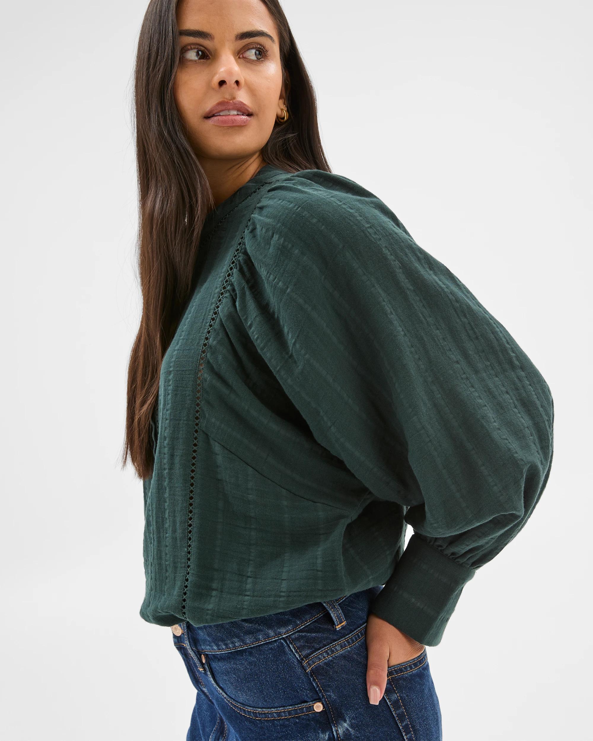 1 Target Woman Double Cloth Long Puff Sleeve Lace Trim Shirt MIDNIGHT JADE, 1 of 7