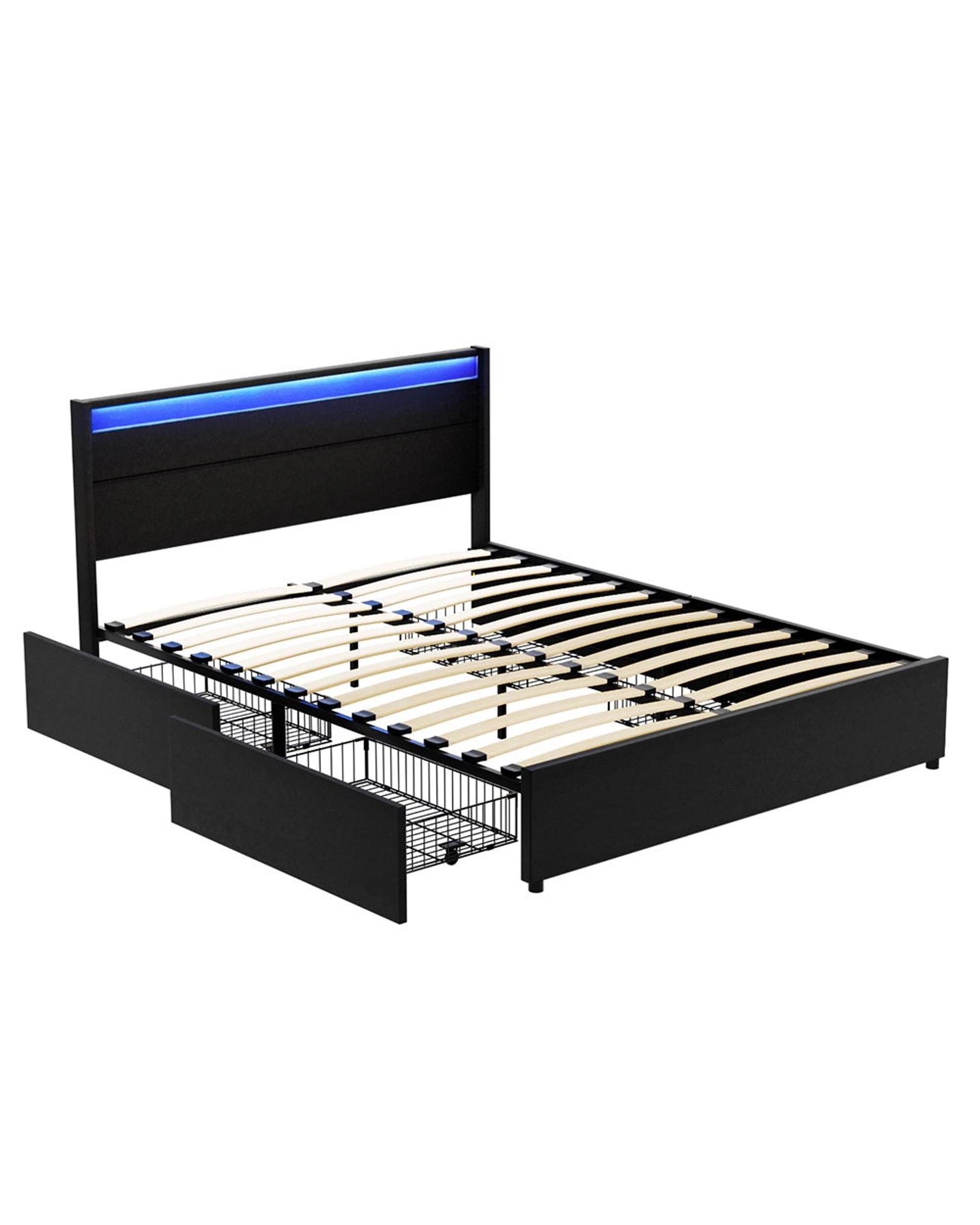 1 Artiss Bed Frame Queen Size LED with 4 Drawers  DUNN - Black, 1 of 7