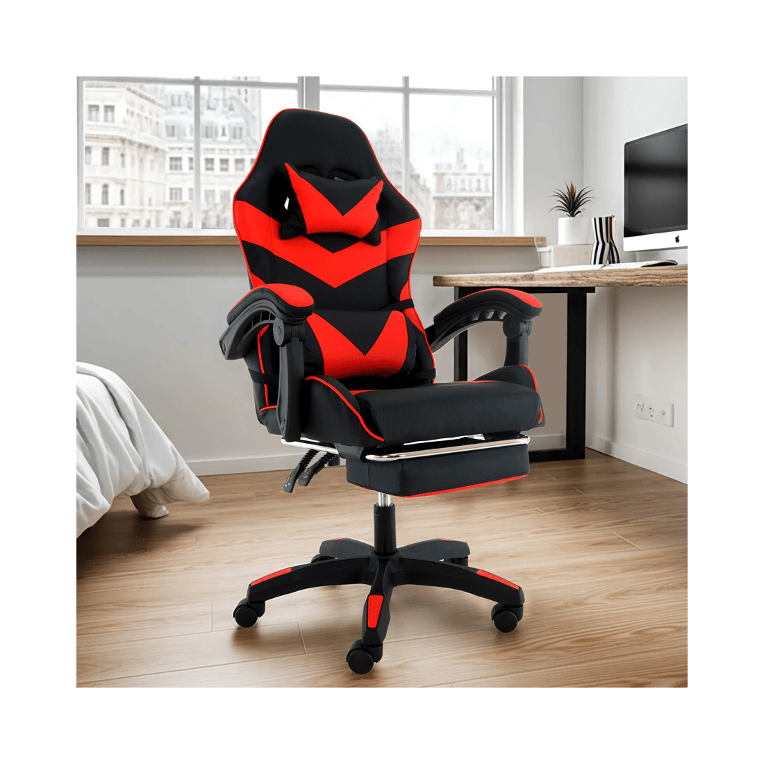 5 Sarantino Cueva Reclining High Back Office Gaming Chair with Retractable Footrest Office Computer Seating Black Red, 5 of 9