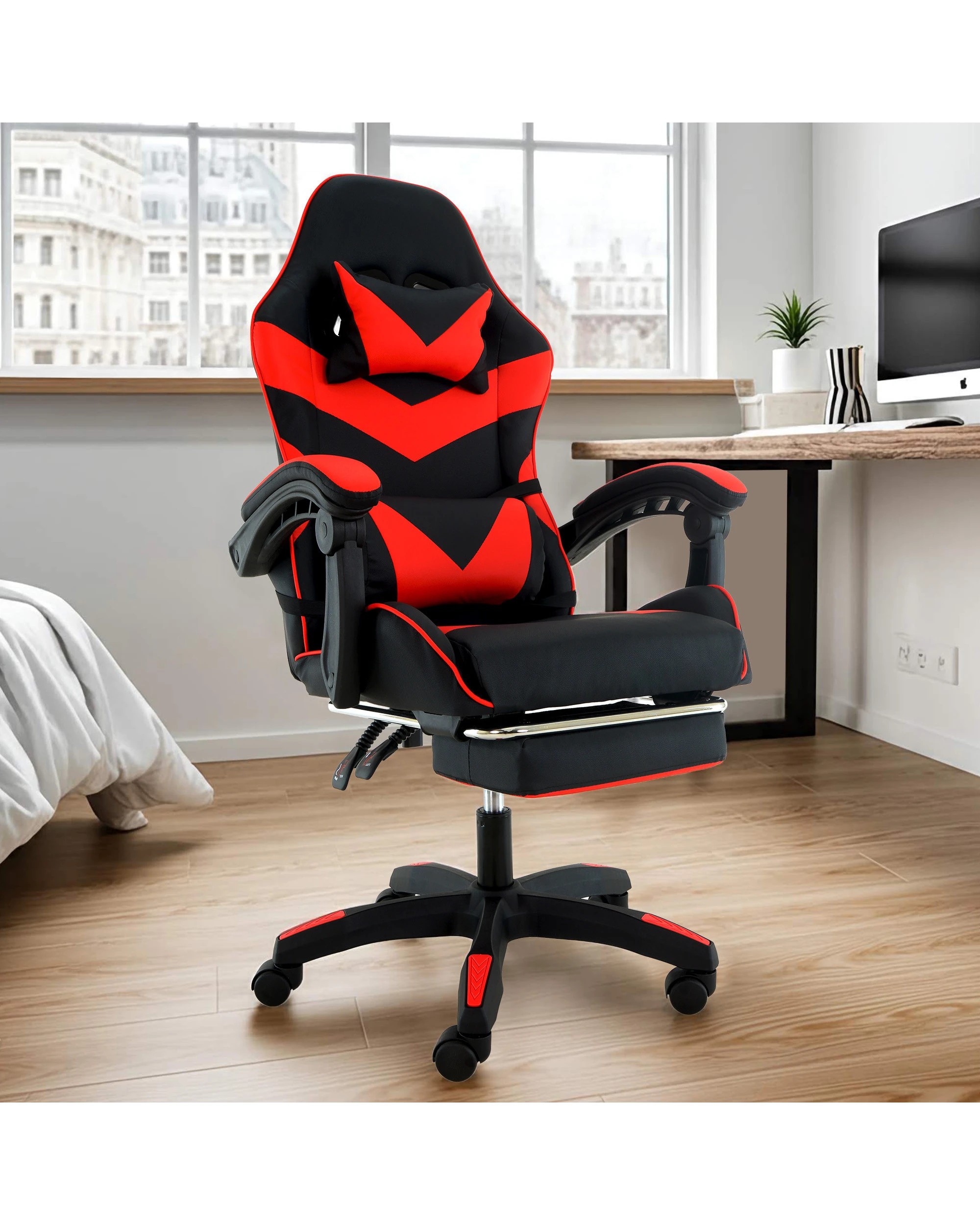 5 Sarantino Cueva Reclining High Back Office Gaming Chair with Retractable Footrest Office Computer Seating Black Red, 5 of 9