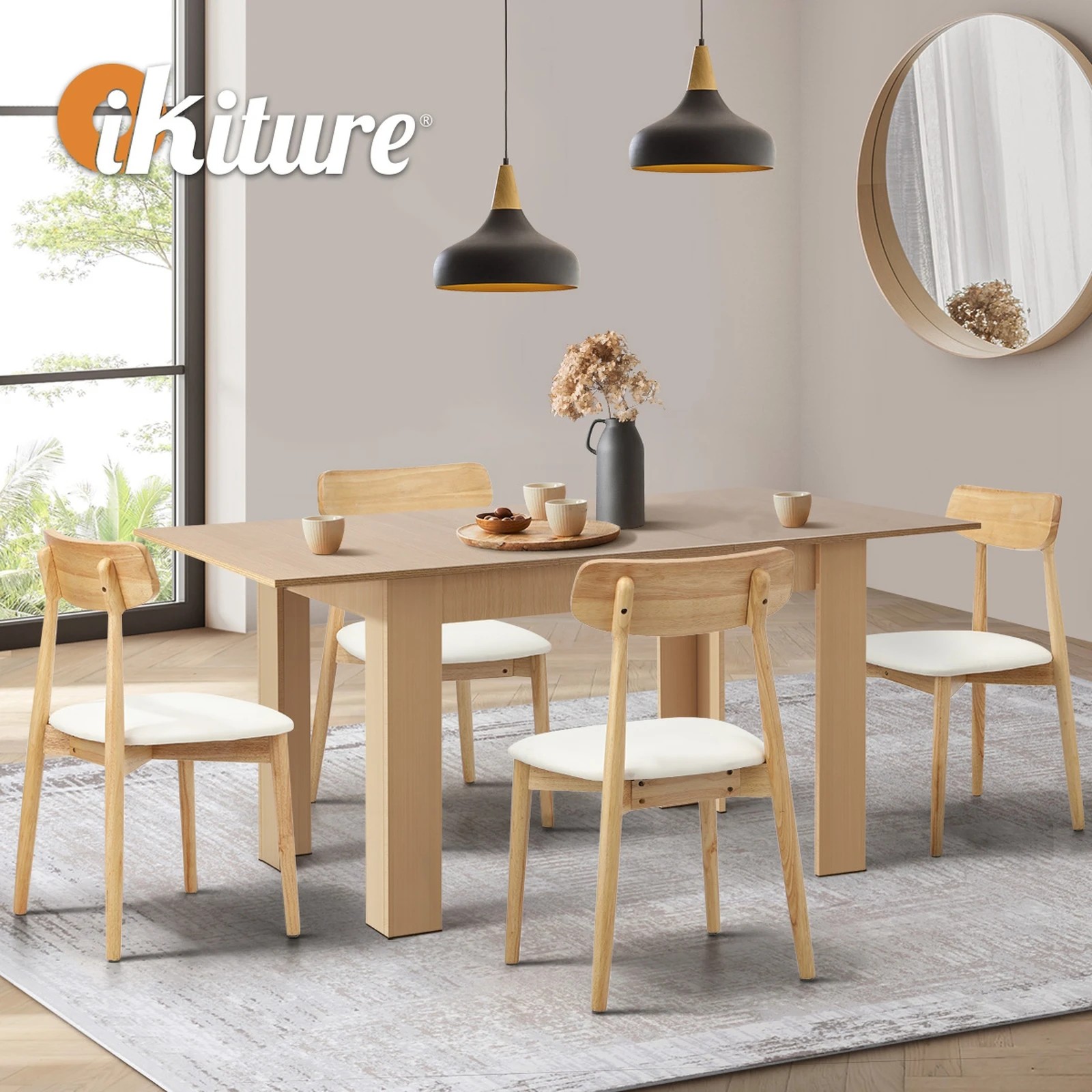 6 Oikiture 160cm Extendable Dining Table with 4x Dining Chairs PU Leather - Natural, 6 of 9