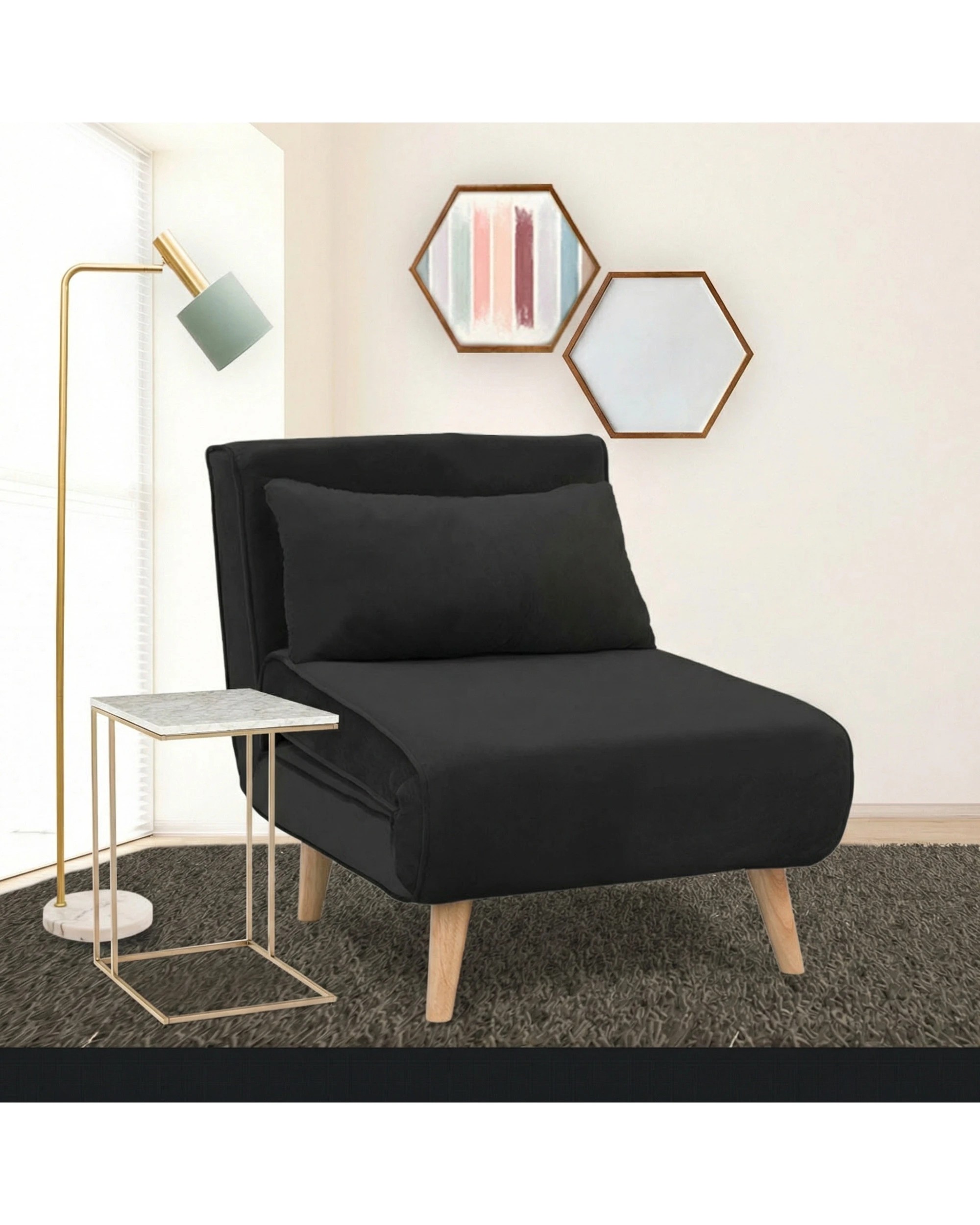 2 Sarantino Adjustable Chair Single Sofa Bed Faux Velvet - Black, 2 of 8