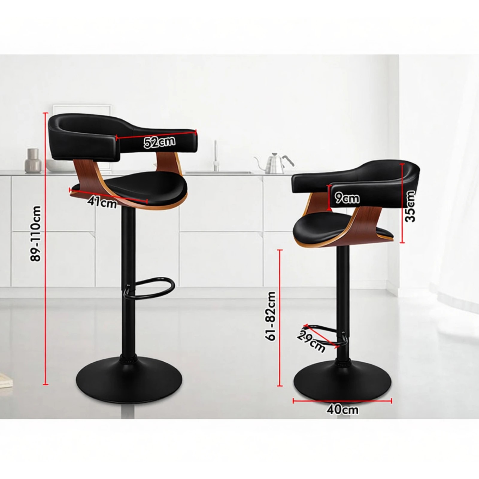 8 Alfordson 2x Bar Stool Joan Kitchen Swivel Chair Wooden Leather Gas Lift - Black, 8 of 10