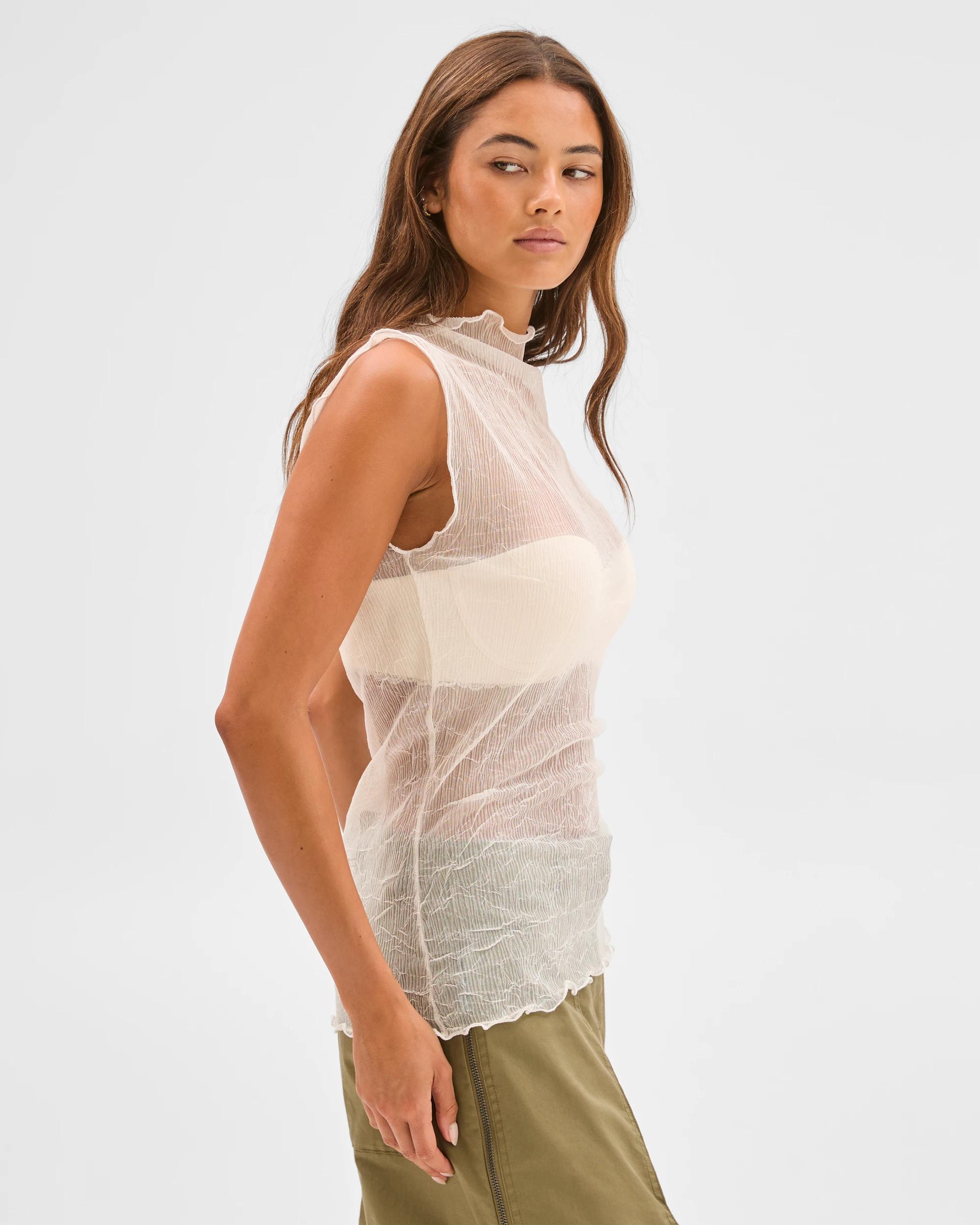 4 Lily Loves Sheer Plisse Sleeveless Top VANILLA, 4 of 7