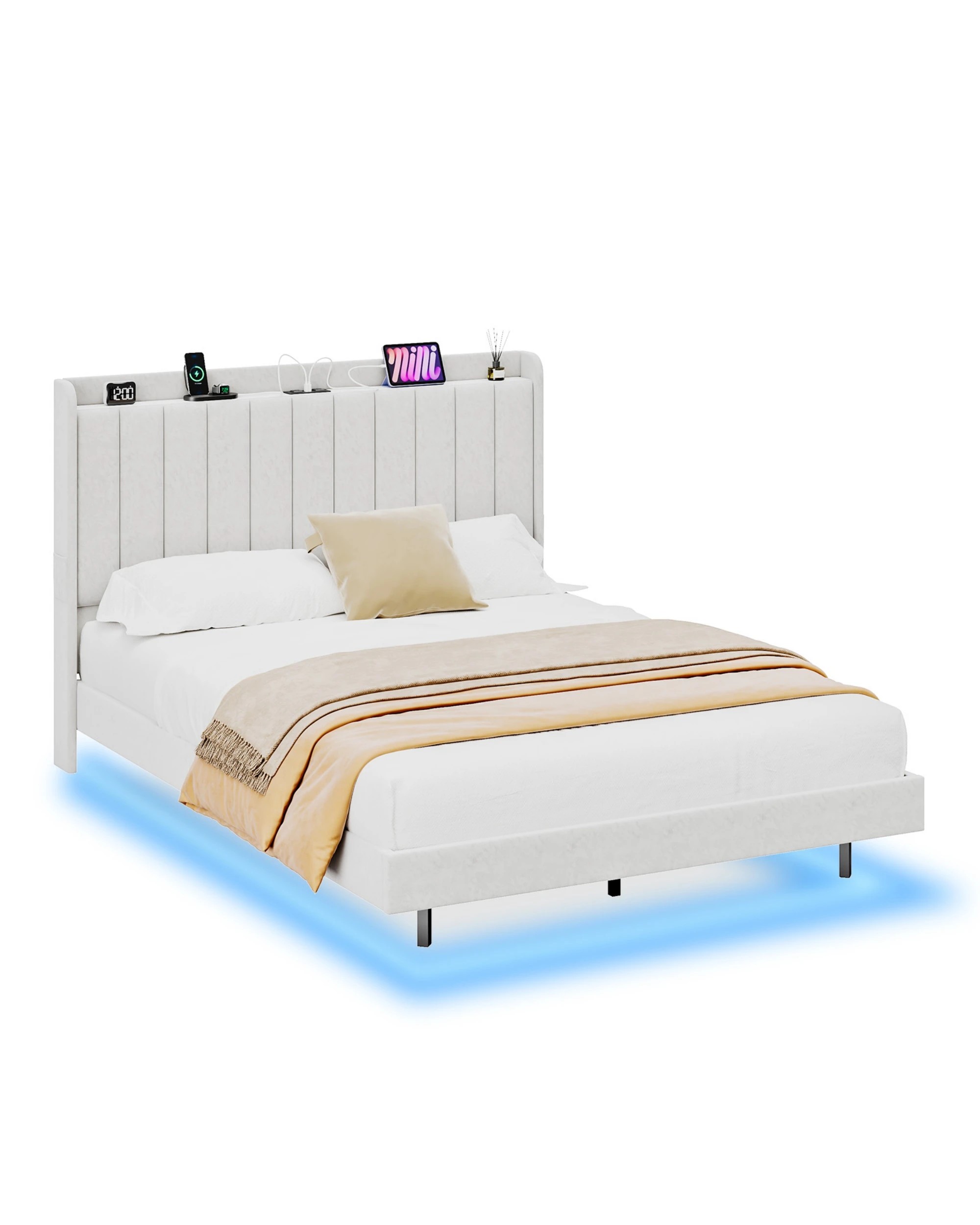 1 Advwin Queen Velvet Floating Bed Frame with RGB LED and Charging Station - Beige, 1 of 7