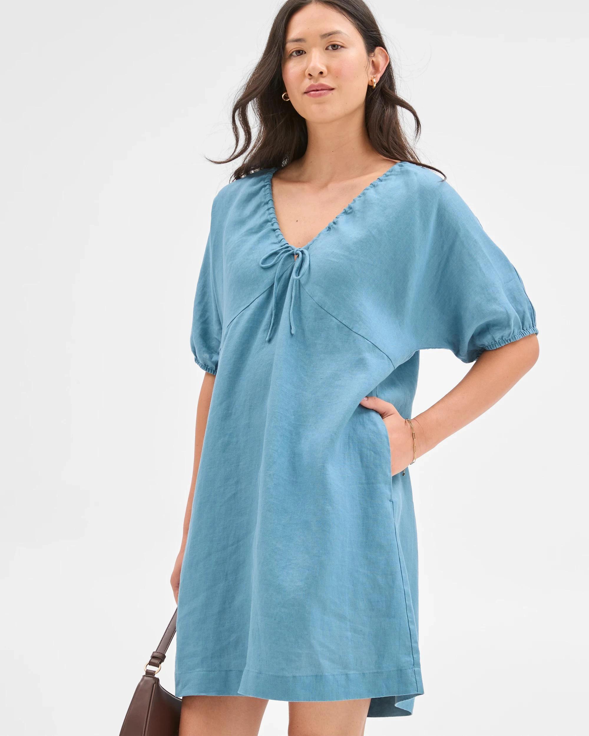 2 Target Woman European Linen Tie Mini Dress SEA TEAL, 2 of 5