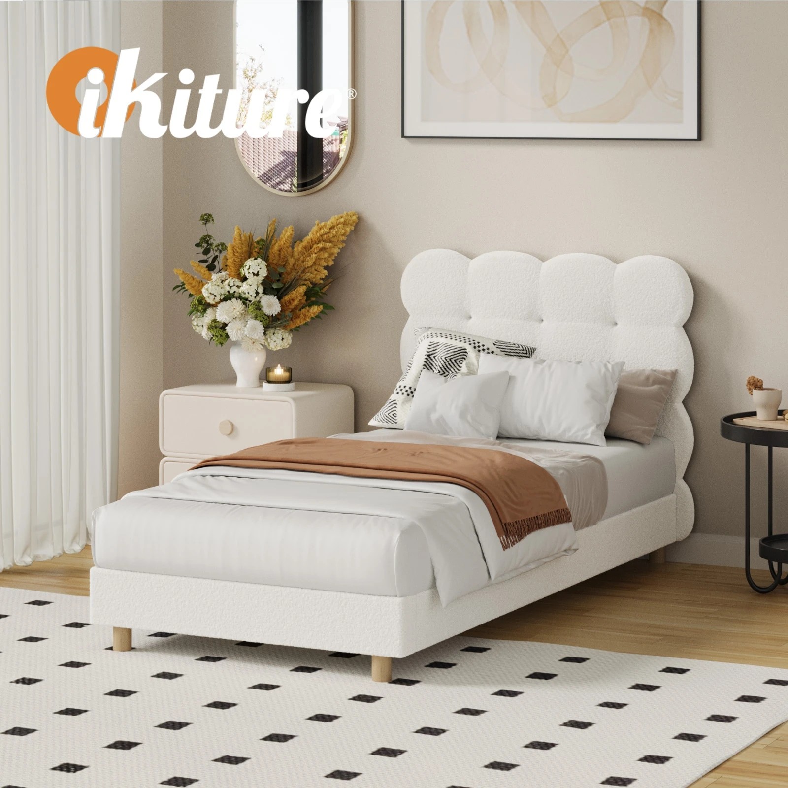 5 Oikiture Bed Frame Single Size Tufted Bedhead- White, 5 of 9