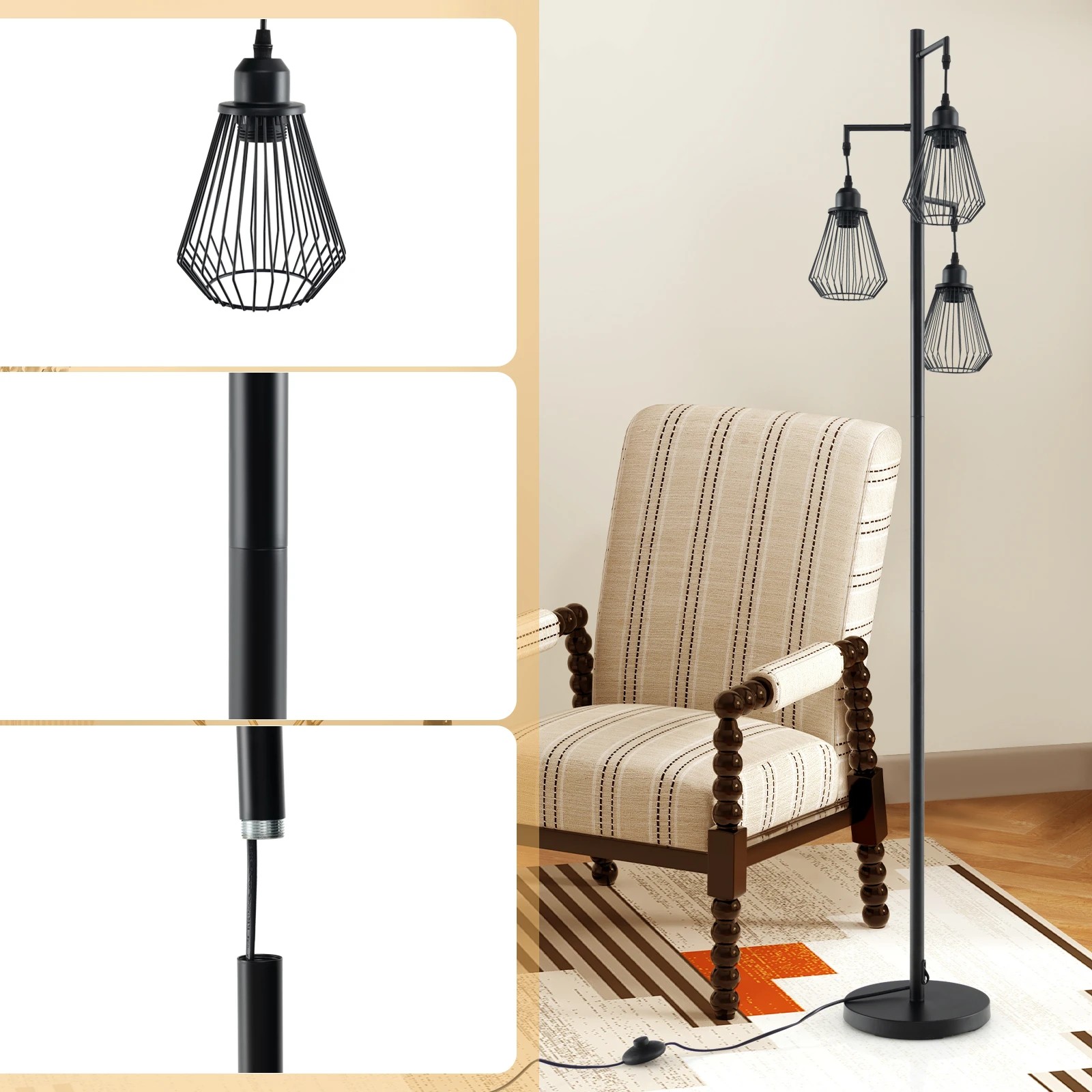 3 Costway 1.7M Tall Floor Lamp w/3 Birdcage Lampshades - Black, 3 of 7
