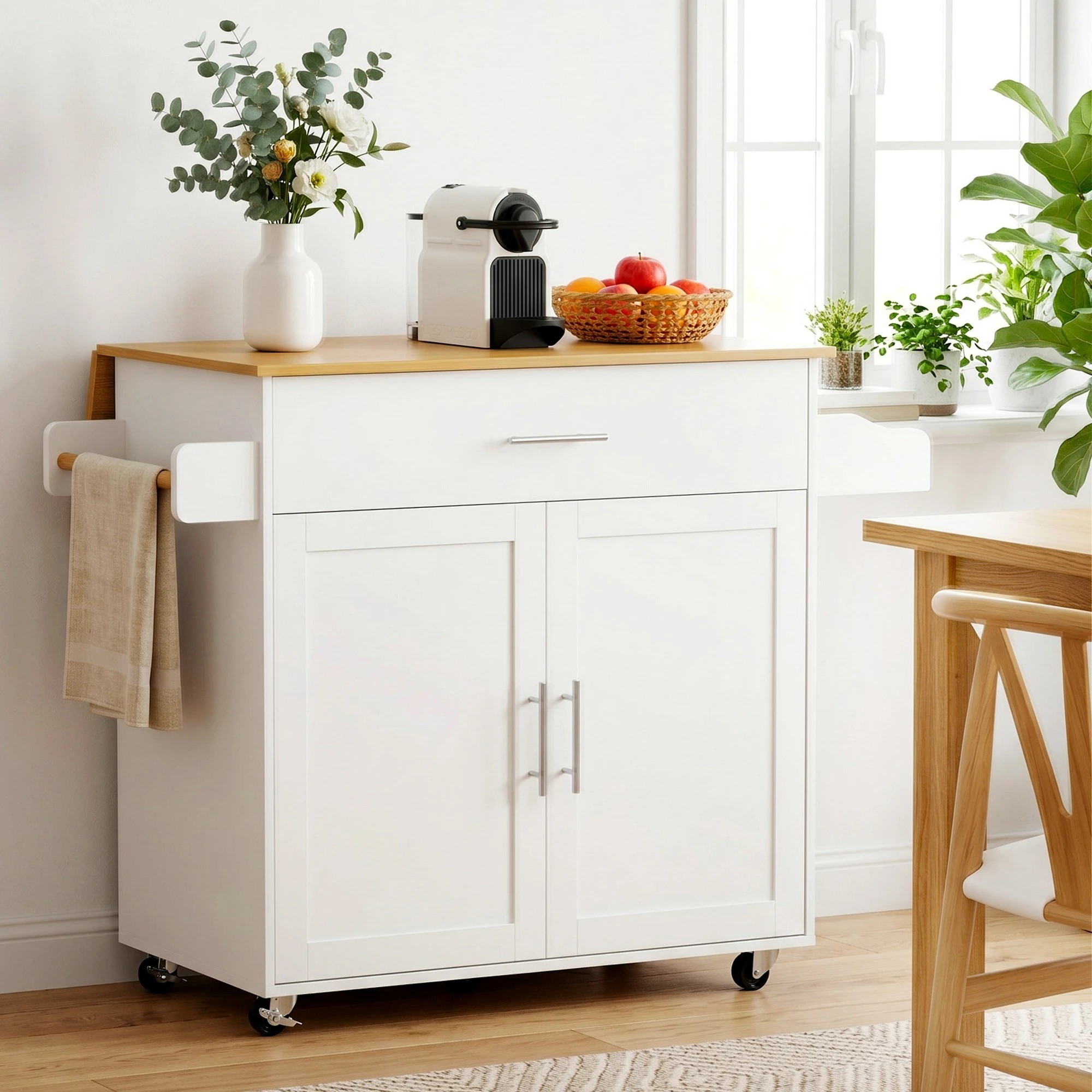 5 Artiss Kitchen Island Trolley Rolling Serving Cart Storage Drawer Cabinet 90cm - White, 5 of 9