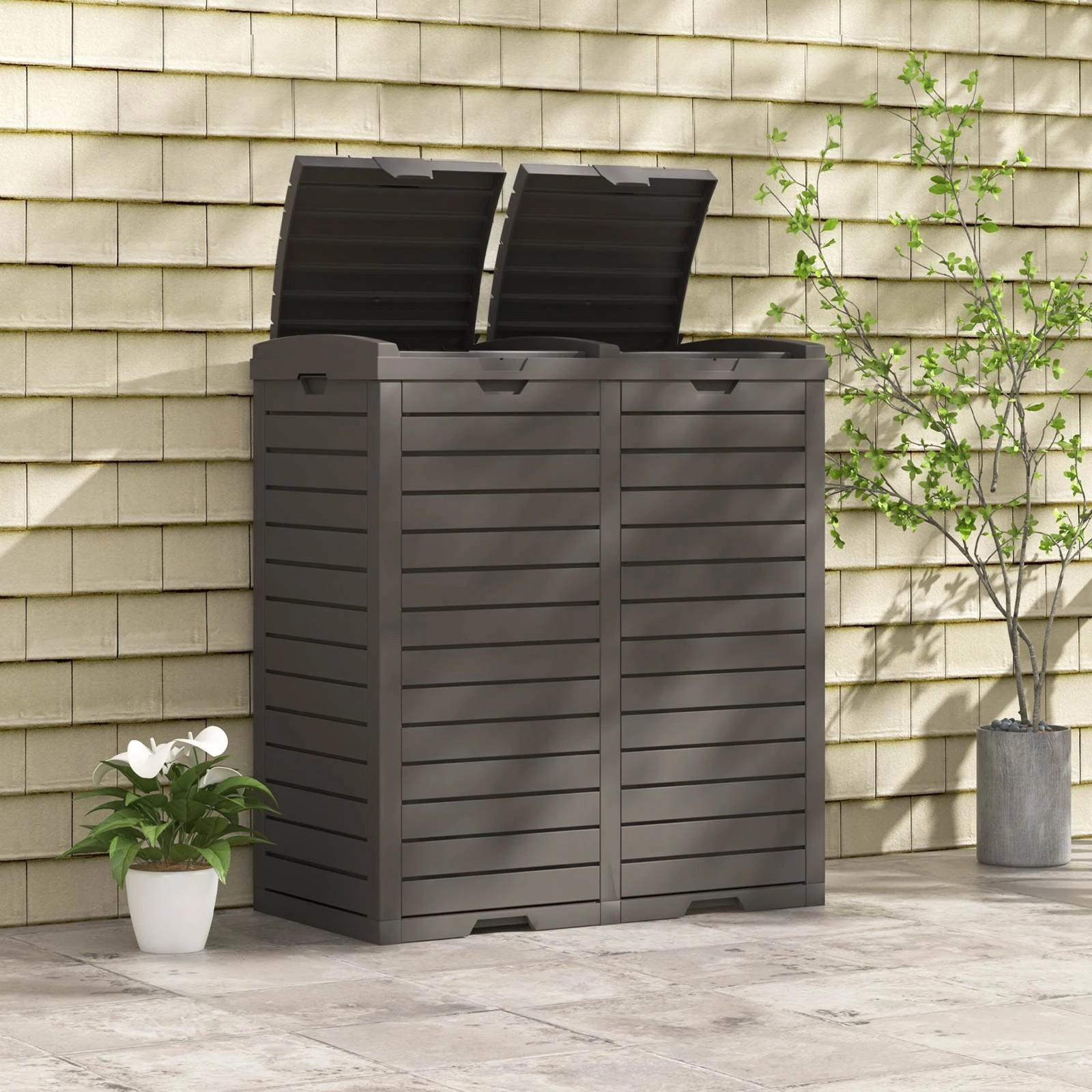 1 Costway 235L Outdoor Trash Can Waterproof Double Bucket - Brown, 1 of 2