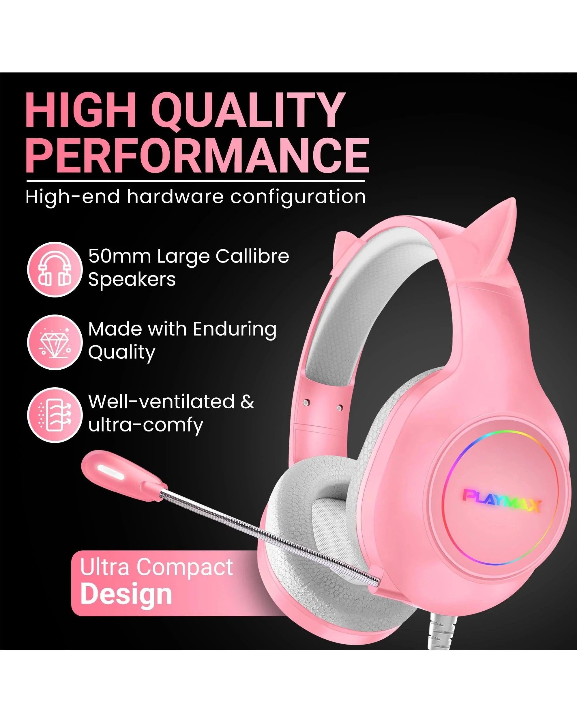 3 Playmax Cat Ear RGB Headset Universal Gaming Headset - Pink, 3 of 5