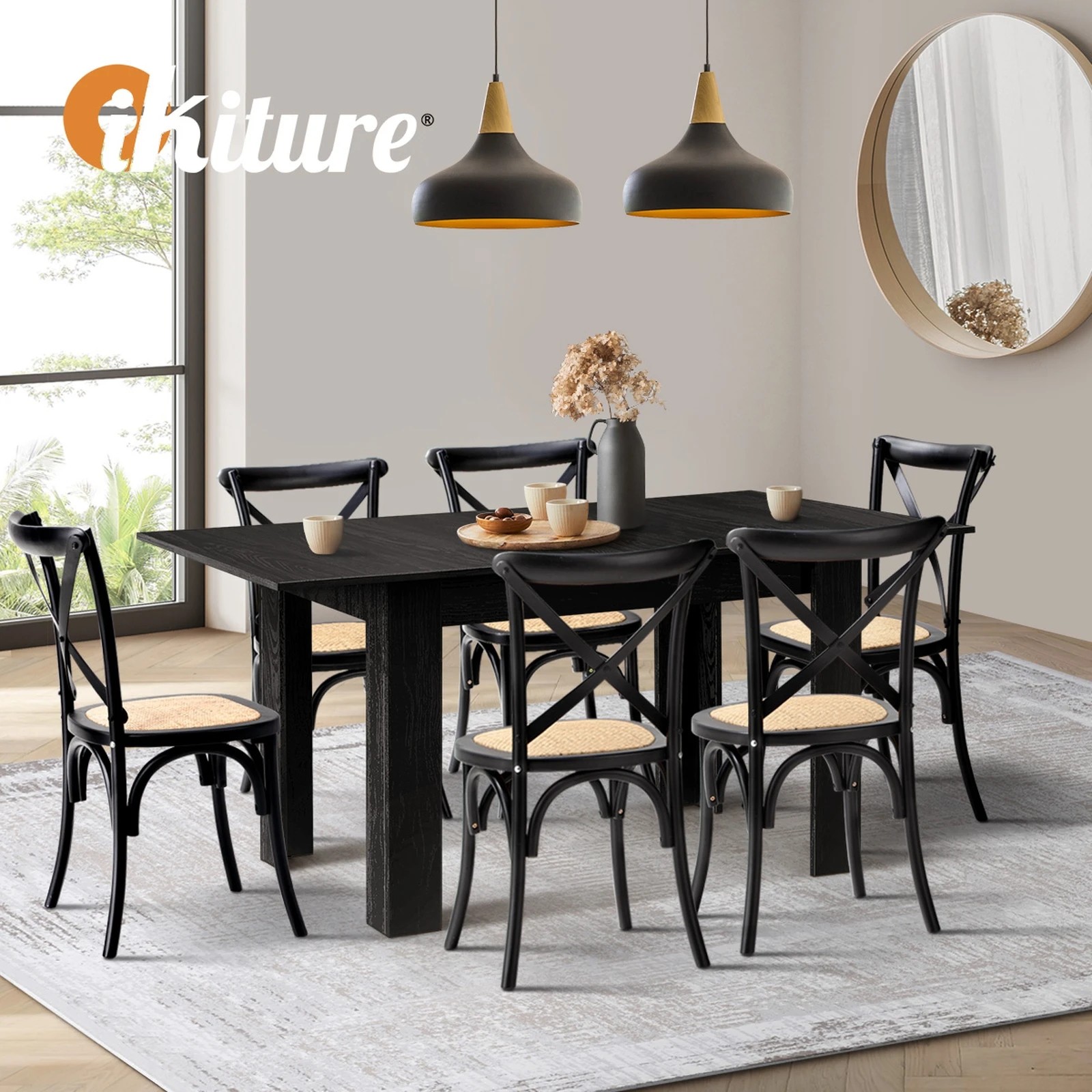 6 Oikiture 160cm Extendable Dining Table with 6PCS Dining Chairs Geometric - Black, 6 of 9