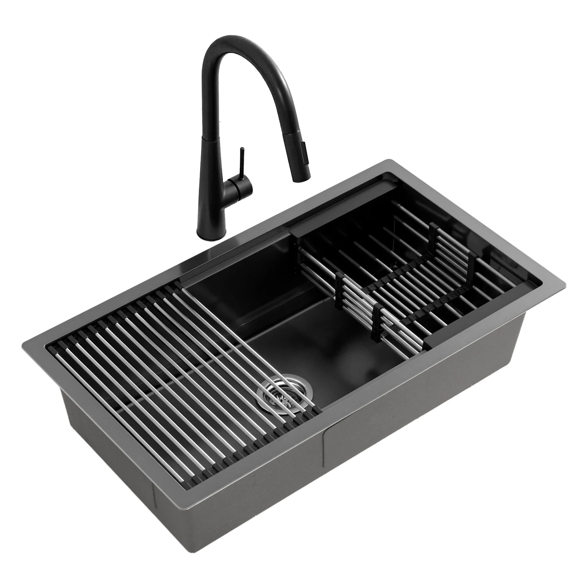 1 Cefito Stainless Steel Sink 70x45CM With Pull Out Mixer Tap Kitchen Basin Single - Black, 1 of 2