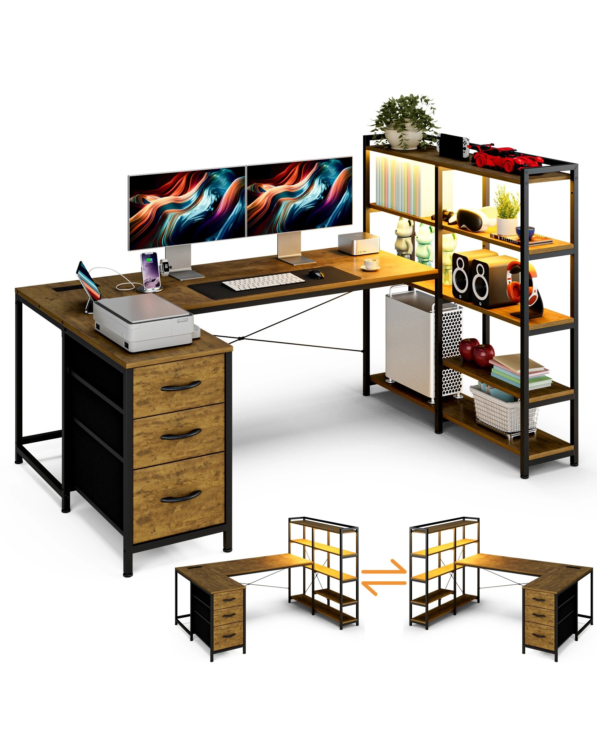 1 Advwin U Shaped Gaming Desk With Led Lights & Power Outlets Reversible 164cm Computer Desk With Bookshelf Walnut, 1 of 10