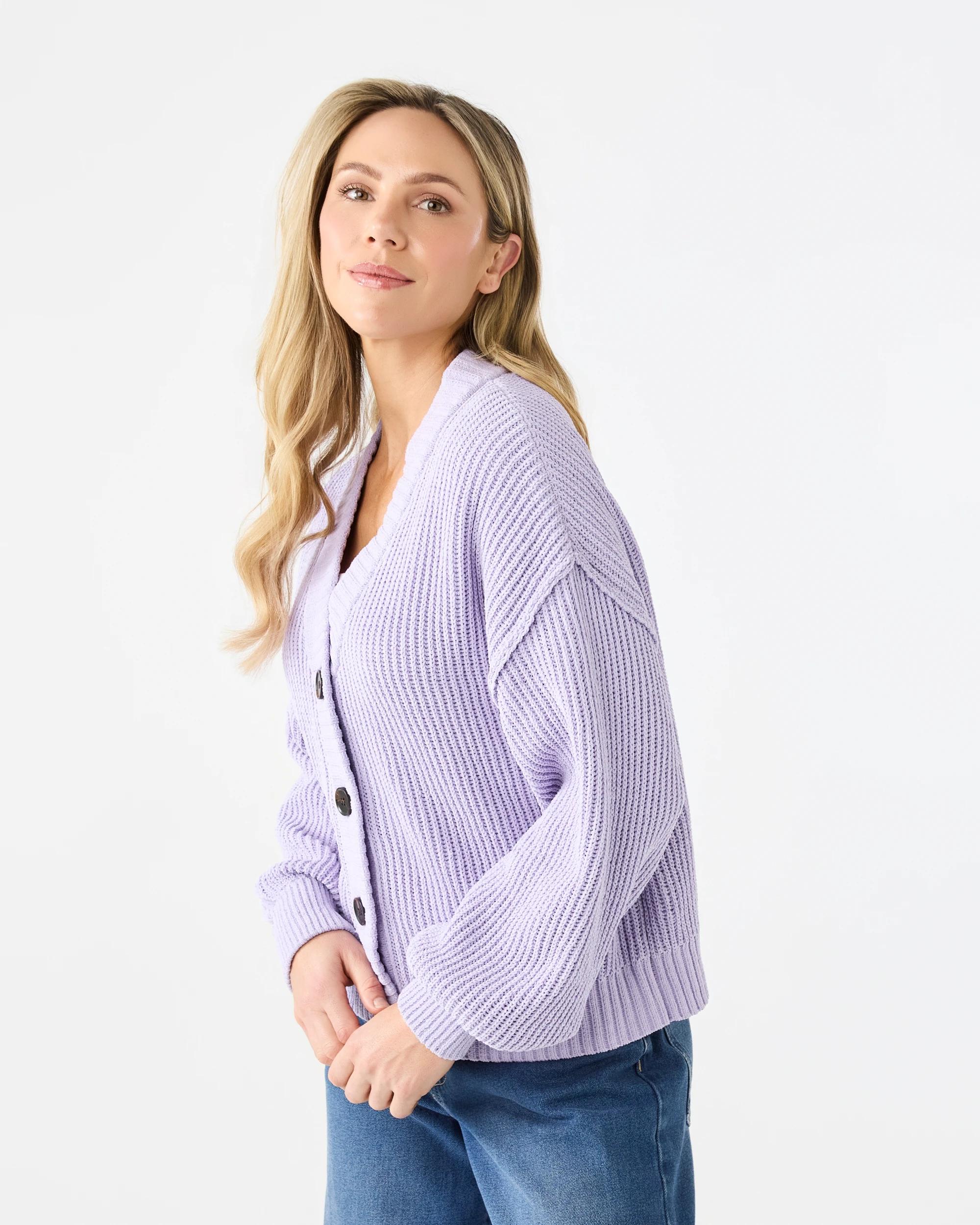 2 Chenille V Neck Cardigan Lil Purple, 2 of 7
