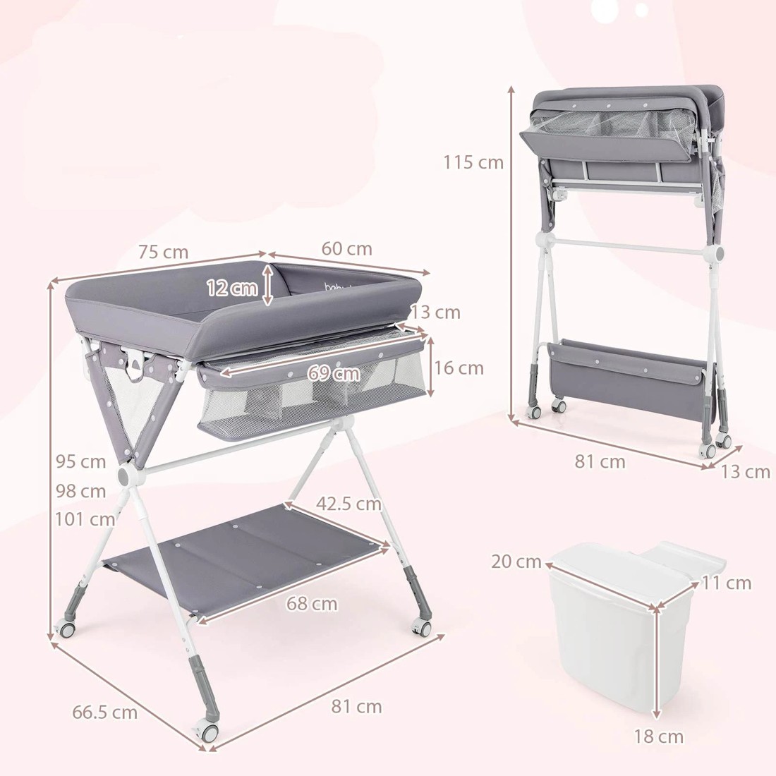 2 Costway Foldable Changing Table Diaper Organizer w/Wheels - Grey, 2 of 3