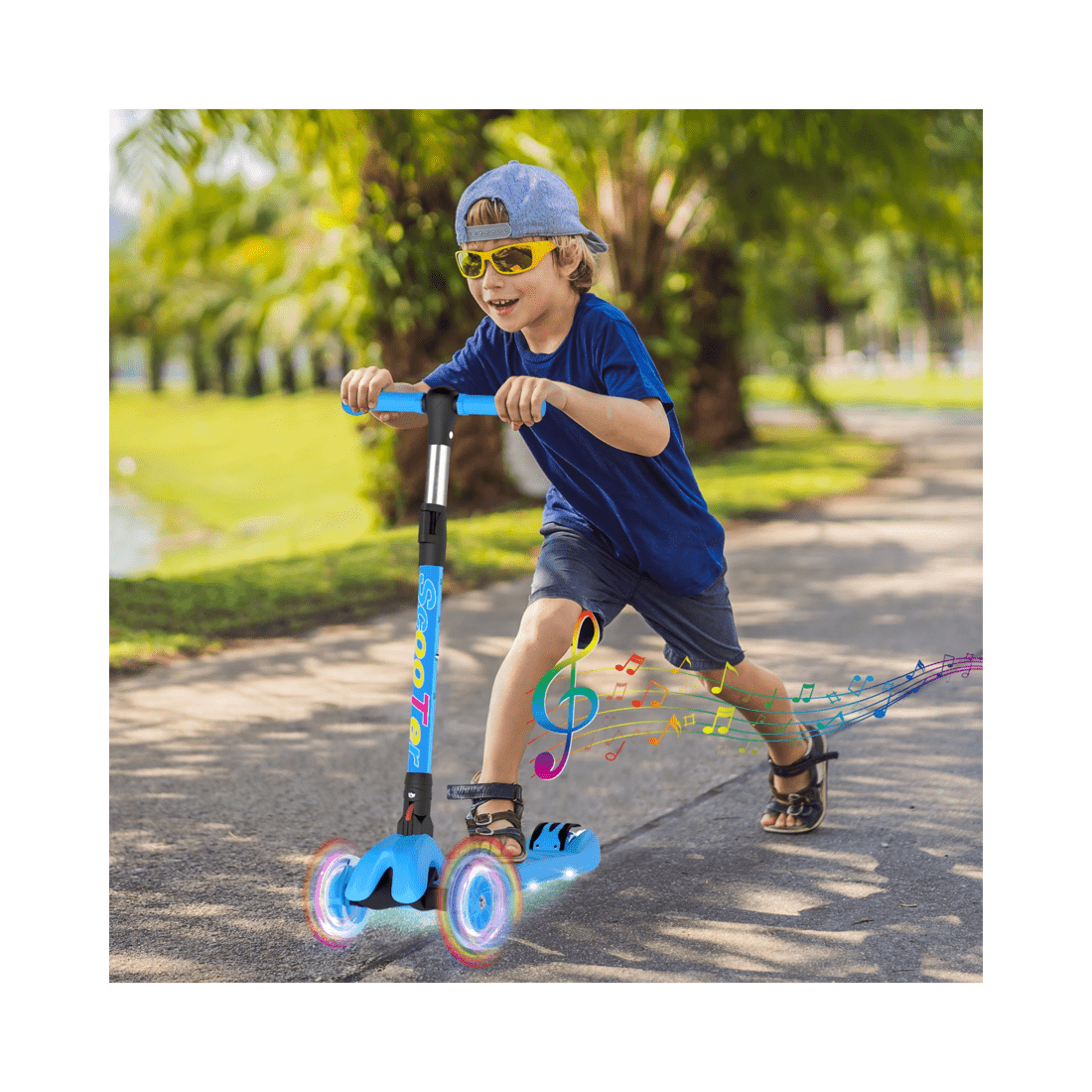 3 Advwin Foldable Kids Scooter w/ Music Light Up 3 Wheels Blue, 3 of 10