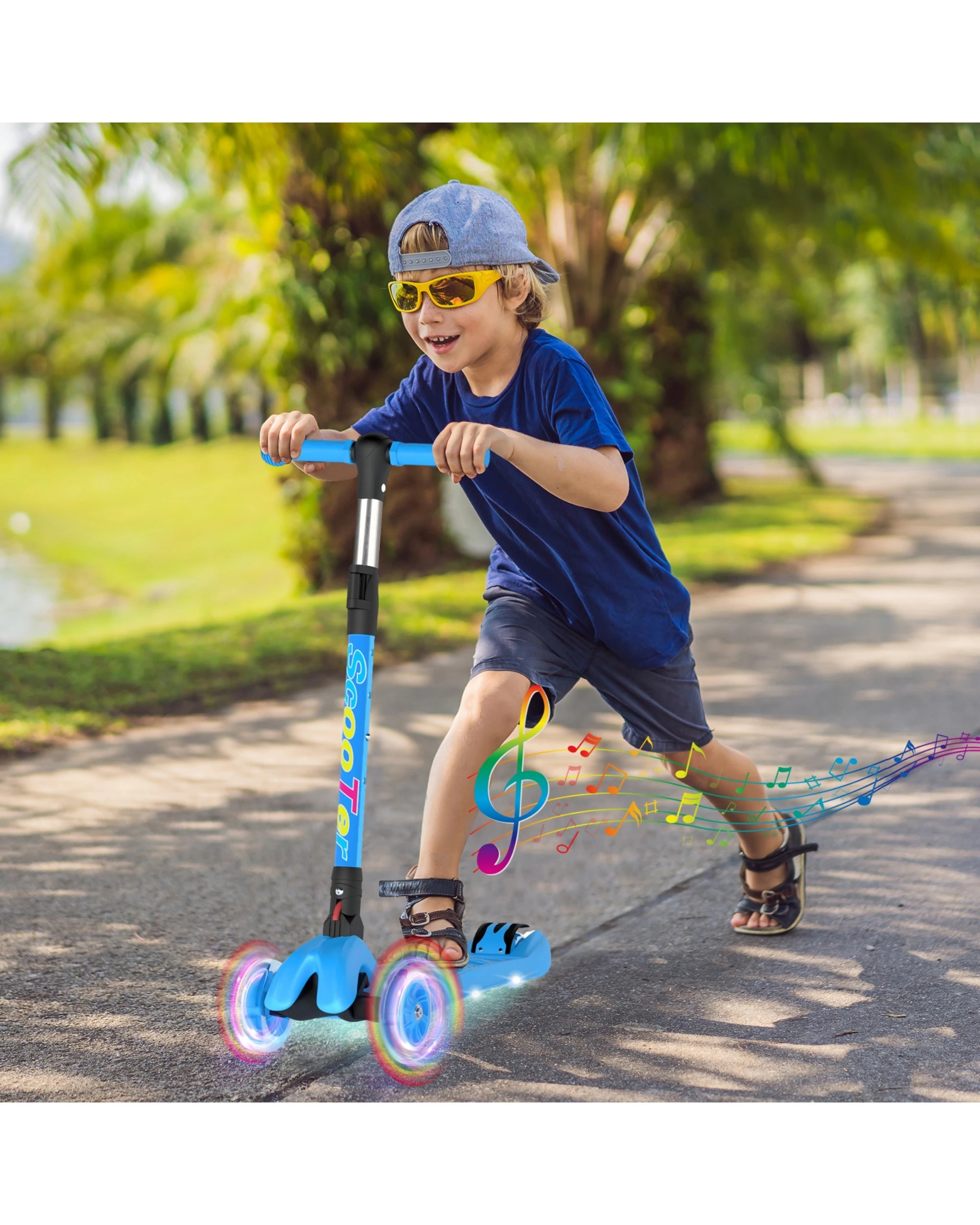 3 Advwin Foldable Kids Scooter w/ Music Light Up 3 Wheels Blue, 3 of 10