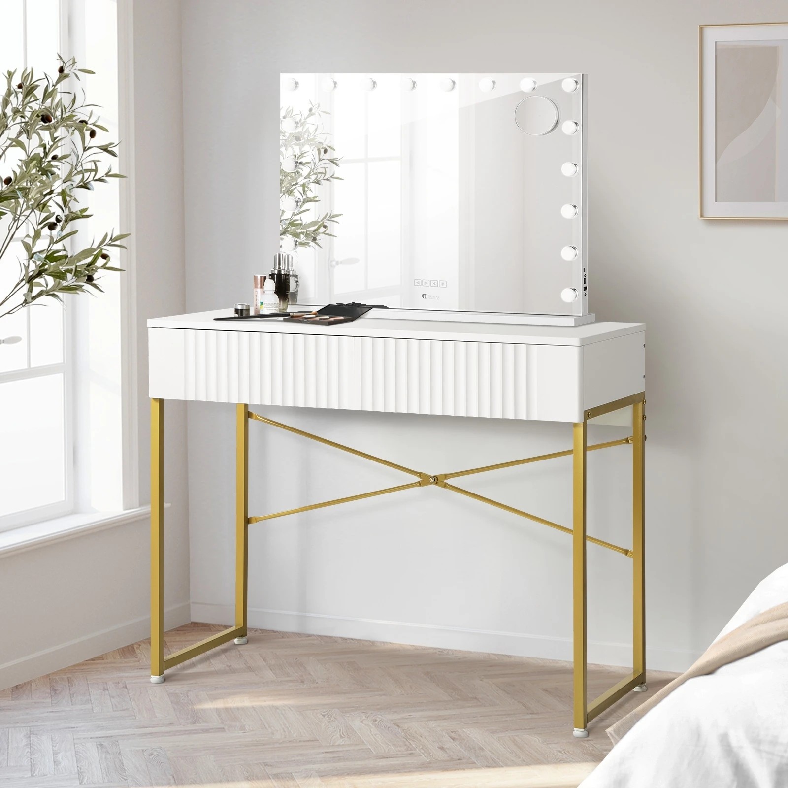 3 Oikiture Dressing Table Bluetooth Makeup Mirror 18 LED Light Vanity Mirror - White, 3 of 8