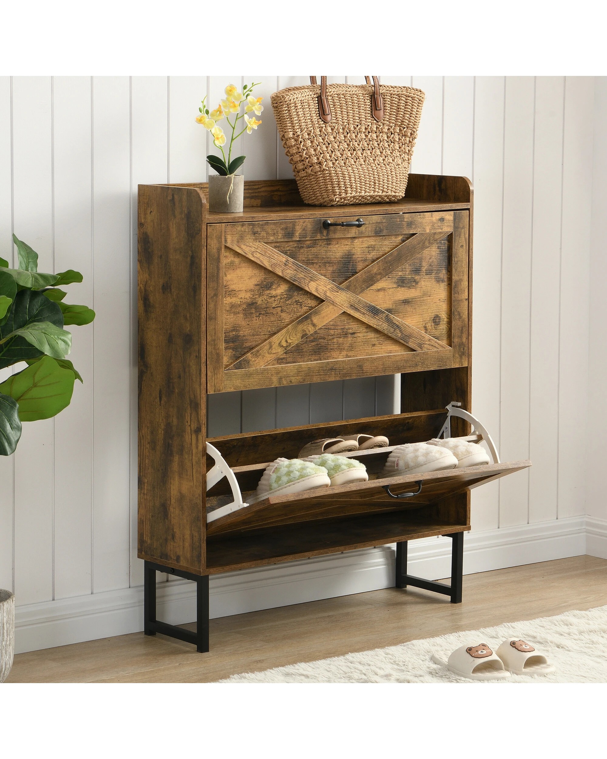 2 IHOMDEC 2 Flip Drawer Shoe Cabinet, MDF with Metal Legs, 2 of 5