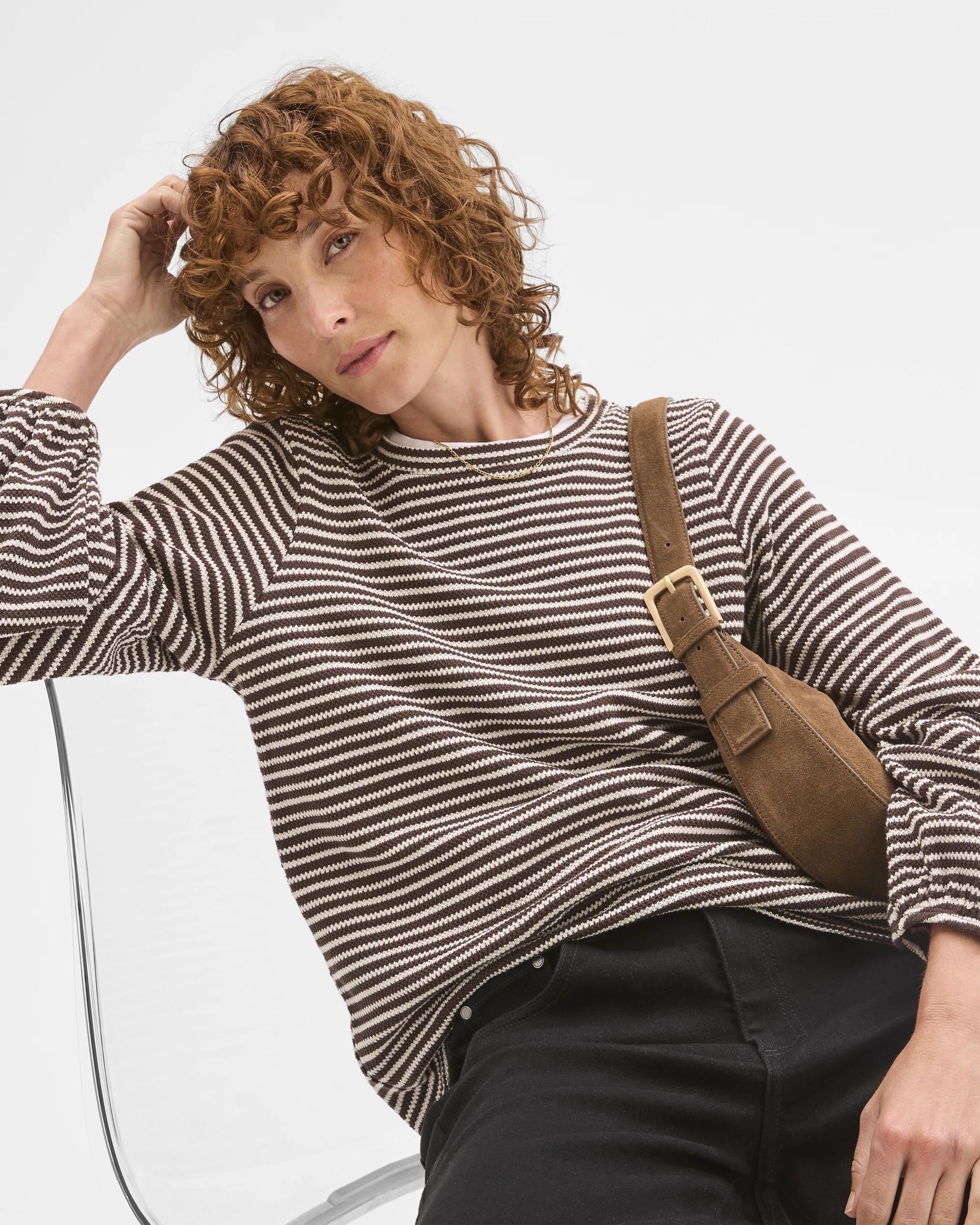 1 Target Woman Australian Cotton Long Sleeve Textured Top BRUNETTE/CLOUD DANCER STRIPE, 1 of 6