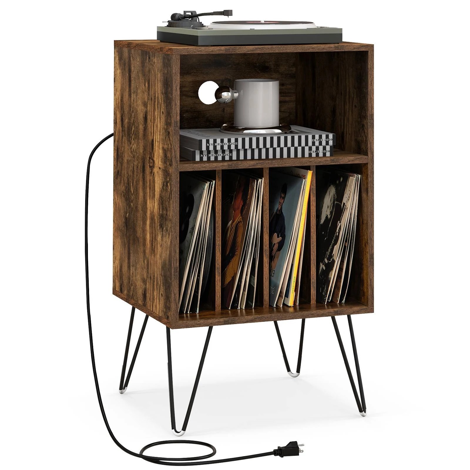 4 Costway Record Player Stand Turnable w/Charging Station Nightstand Bedside Table, 4 of 4