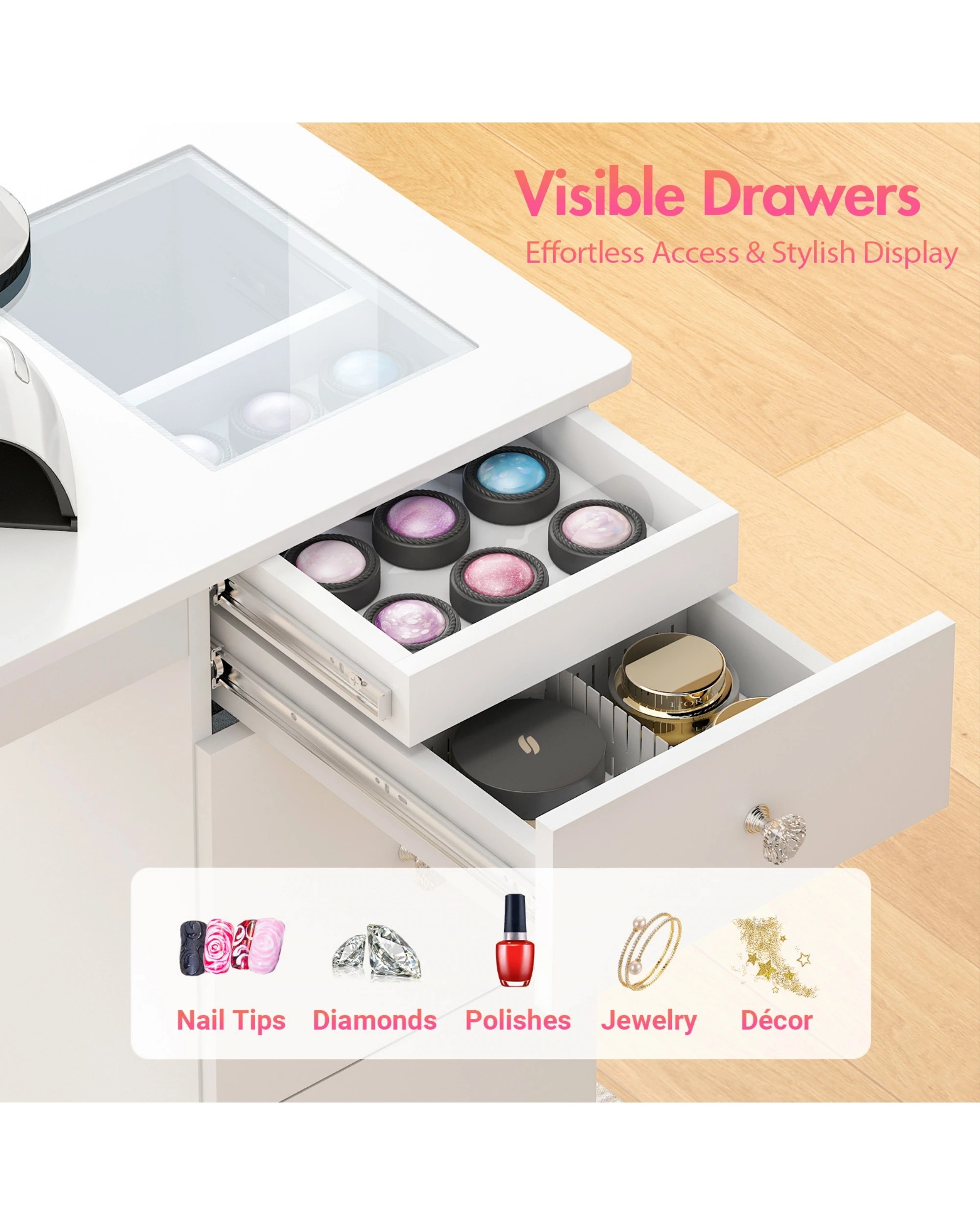 3 Advwin Vanity Desk Manicure Table With Dust Collector Glass Top Acetone Resistant Drawers Shelves
 - White, 3 of 10