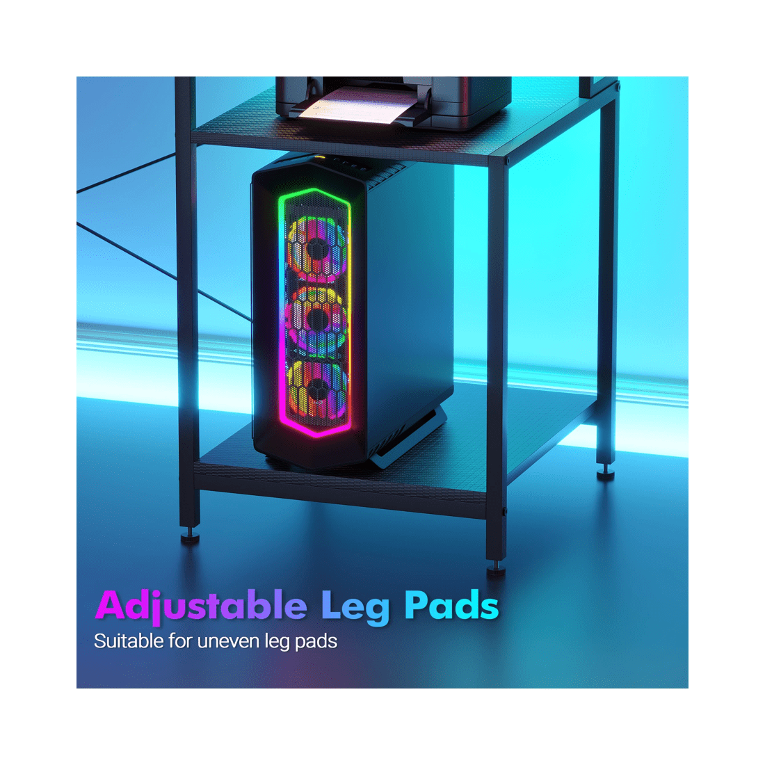 10 Advwin 120cm Computer Gaming Desk With Led Lights Power Outlets Reversible Printer Storage Shelf Black, 10 of 10