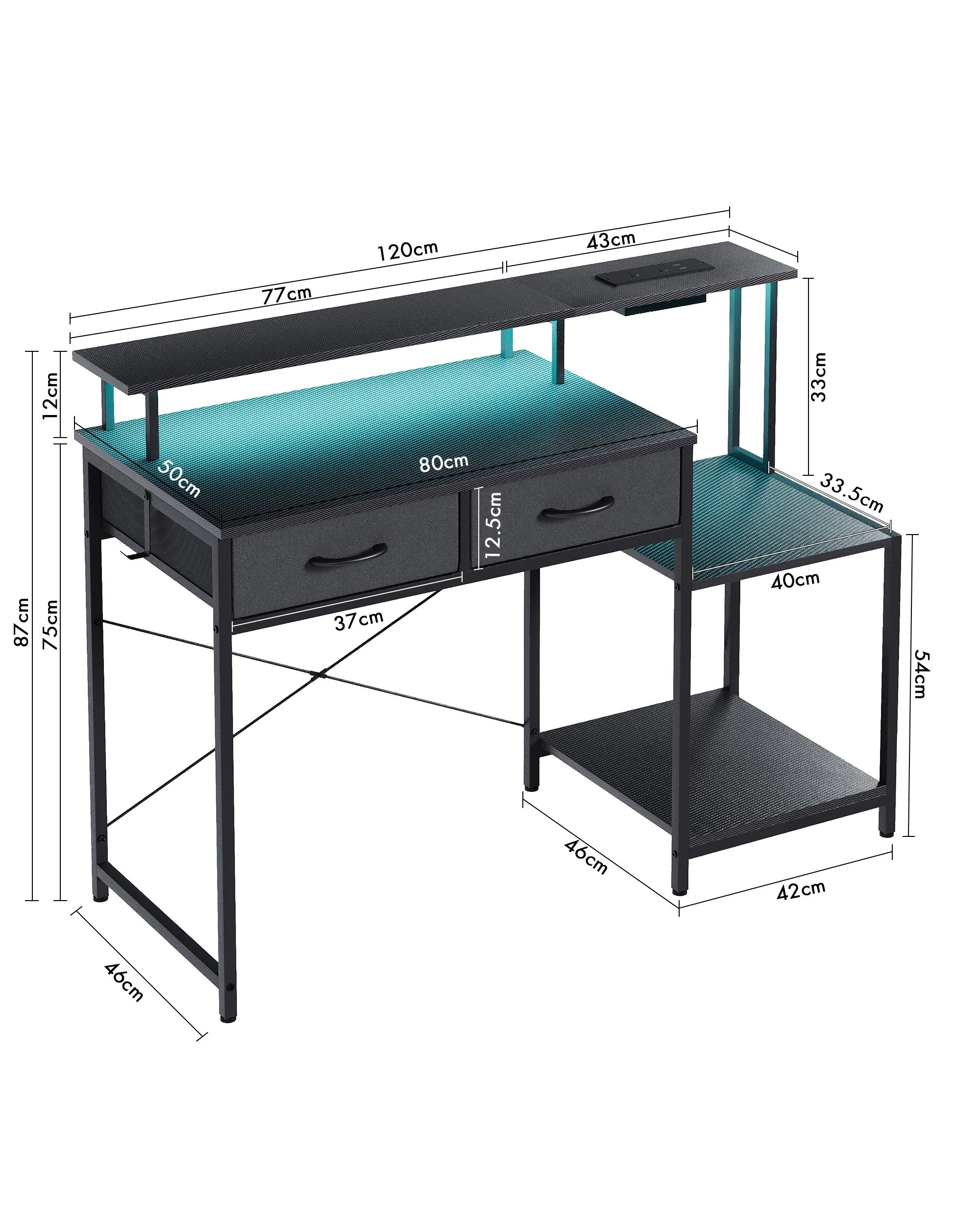 10 Advwin 120cm Computer Gaming Desk With Led Lights Power Outlets Reversible Printer Storage Shelf, 10 of 10