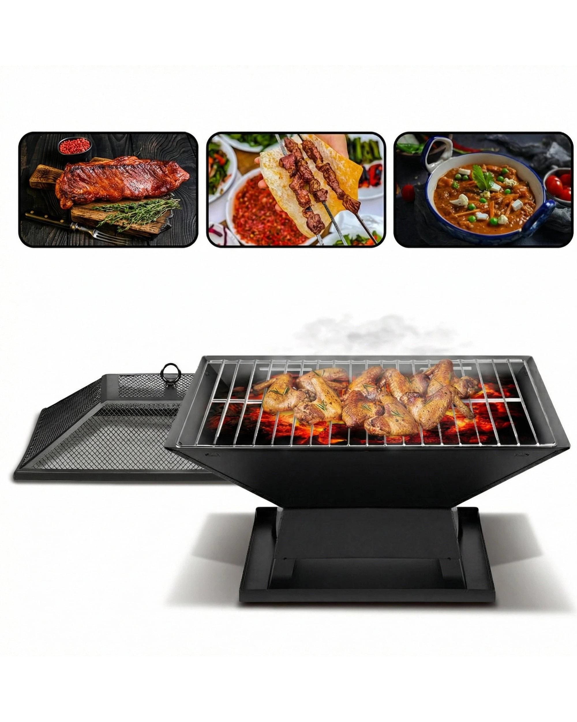 7 Wallaroo Portable BBQ Fire Pit with Mesh Cover Grill Ash Tray Steel Frame Wood Charcoal Outdoor Brazier - Black, 7 of 9