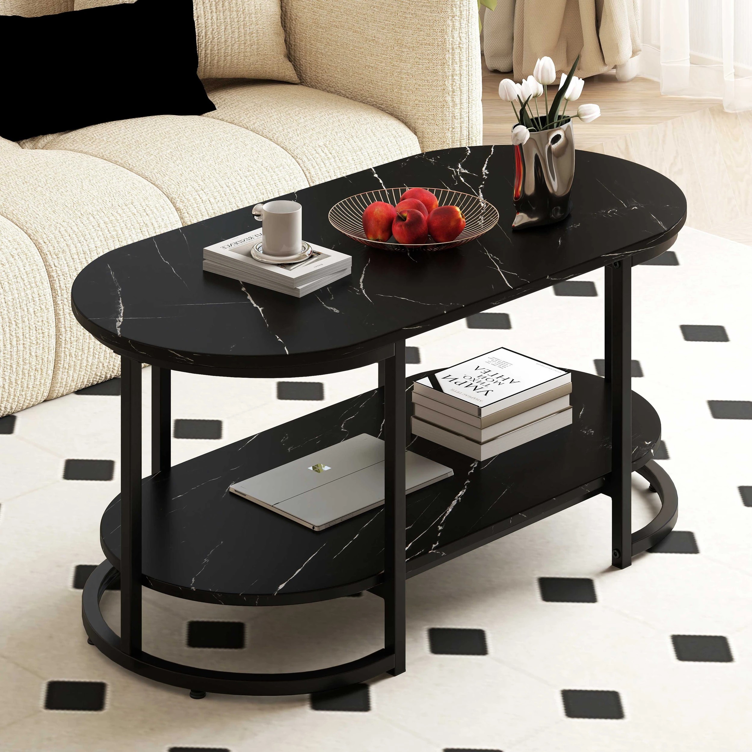 4 Costway 3-Tier Coffee Table Metal Frame Center Table Ample Desktop w/Storage Shelf, 4 of 5