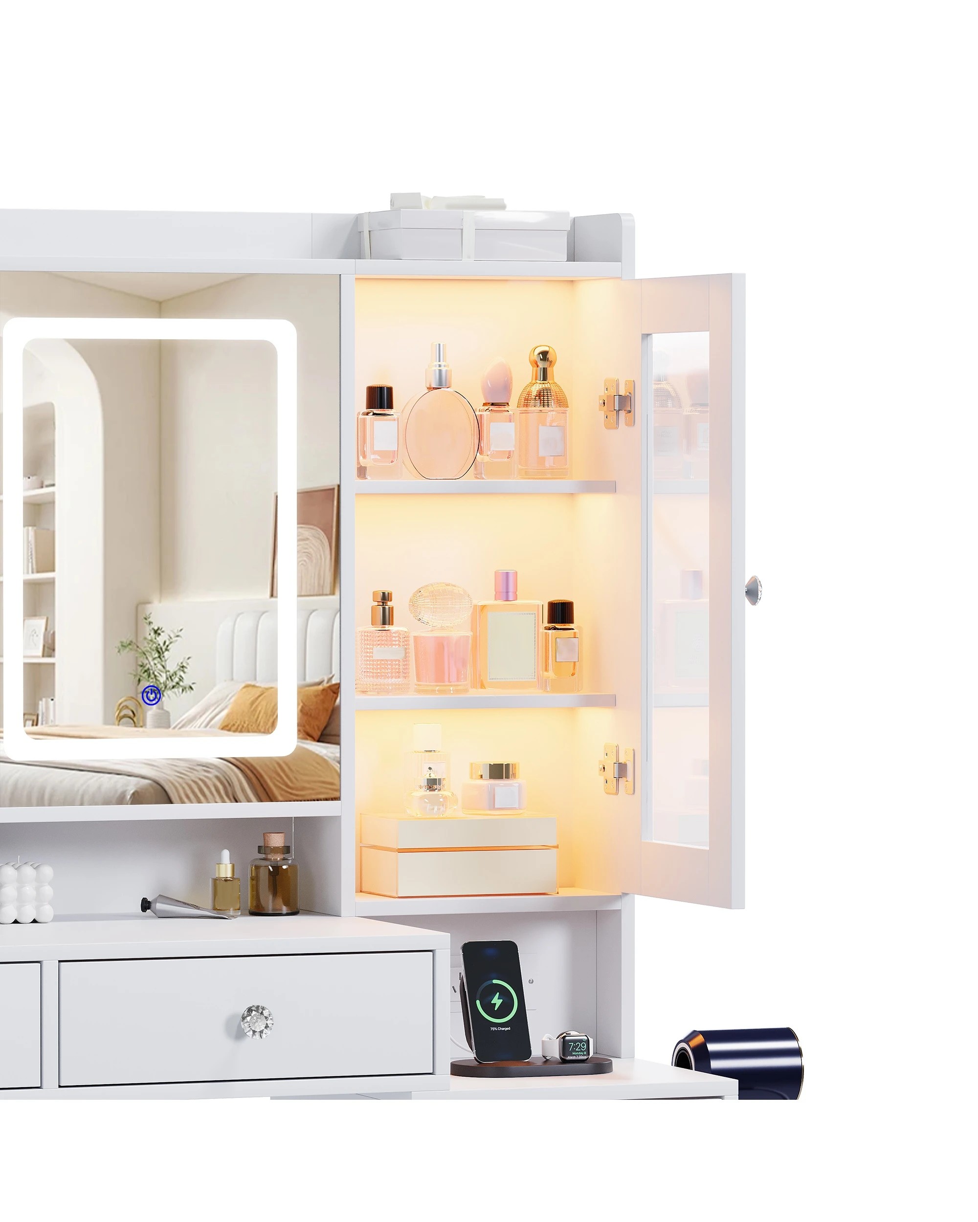 7 Advwin Dressing Table Vanity Desk Glass Top Drawer Wireless Charging LED Light - Black, 7 of 10
