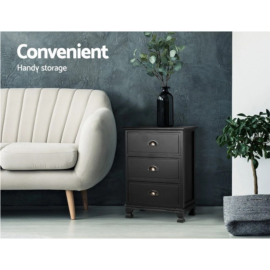 4 Artiss Bedside Table 3 Drawers Vintage - THYME - Black, 4 of 8