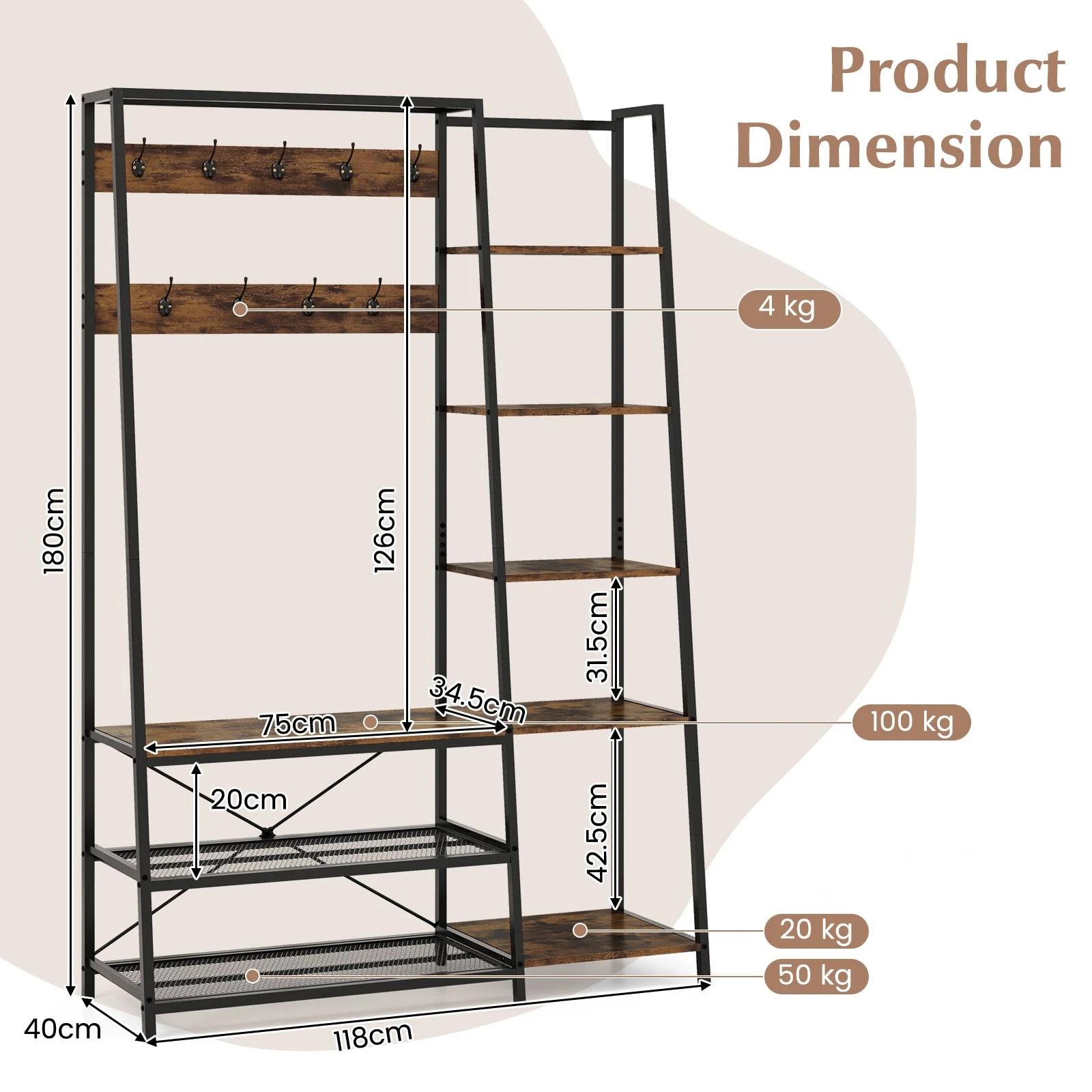 4 Costway Industrial Coat Rack Shoe Bench w/Open Storage Shelf Wardrobe Entryway Hallway Rack - Brown, 4 of 7